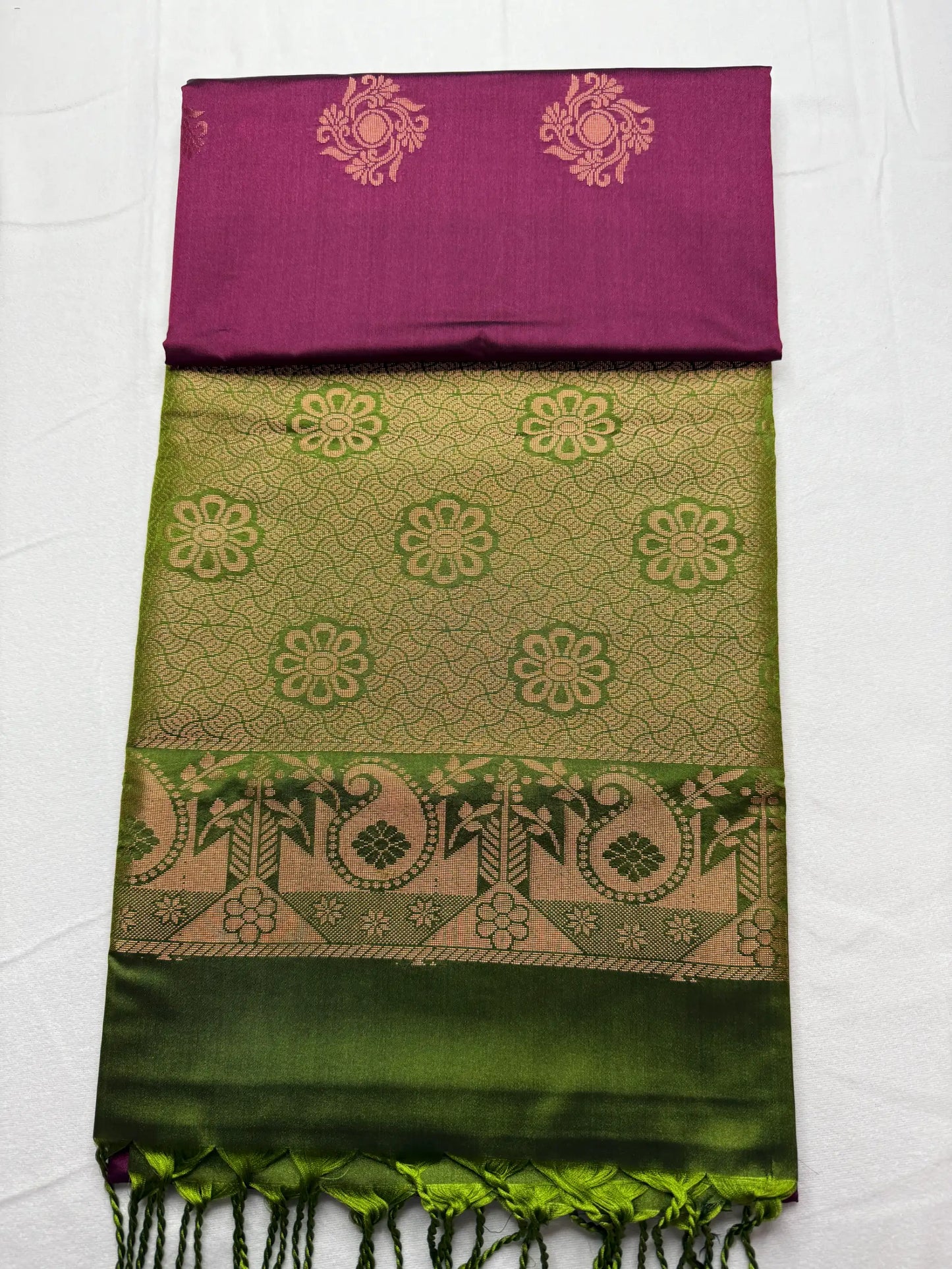 Wine Red & Sage Green – Soft Silk Saree with Peacock Motifs -SKU: J4-003