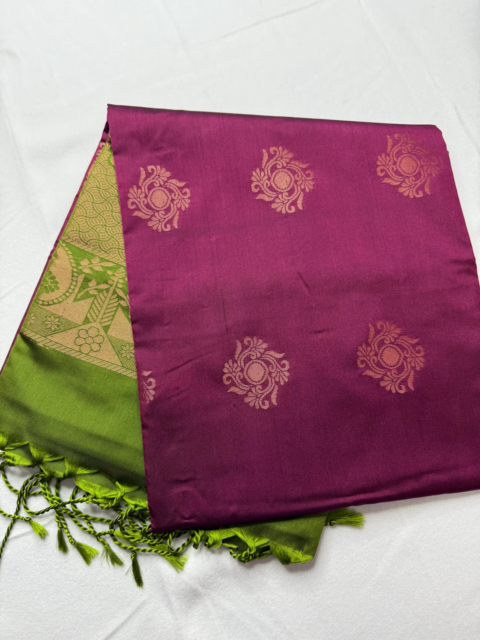 Wine Red & Sage Green – Soft Silk Saree with Peacock Motifs -SKU: J4-003