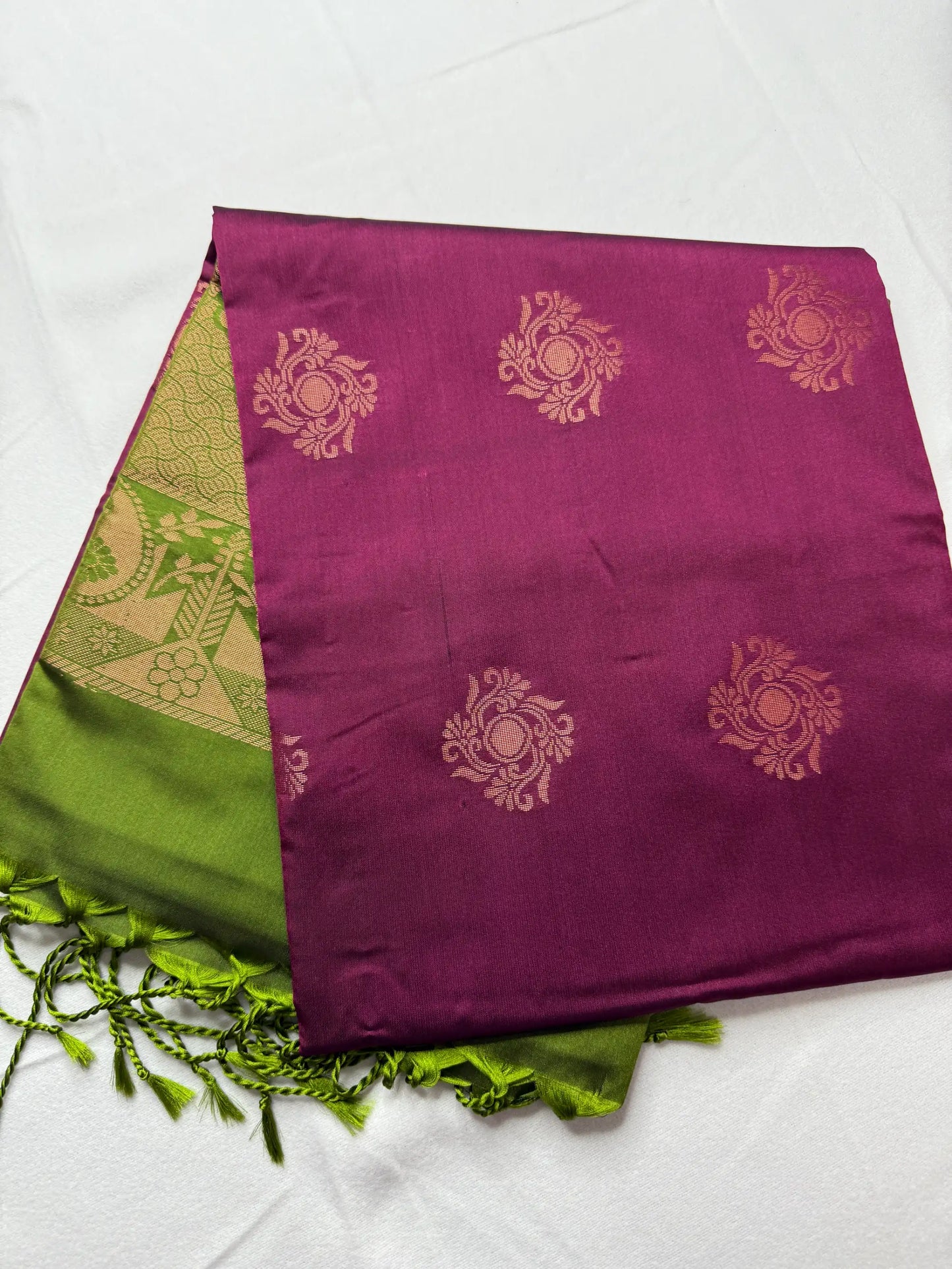 Wine Red & Sage Green – Soft Silk Saree with Peacock Motifs -SKU: J4-003