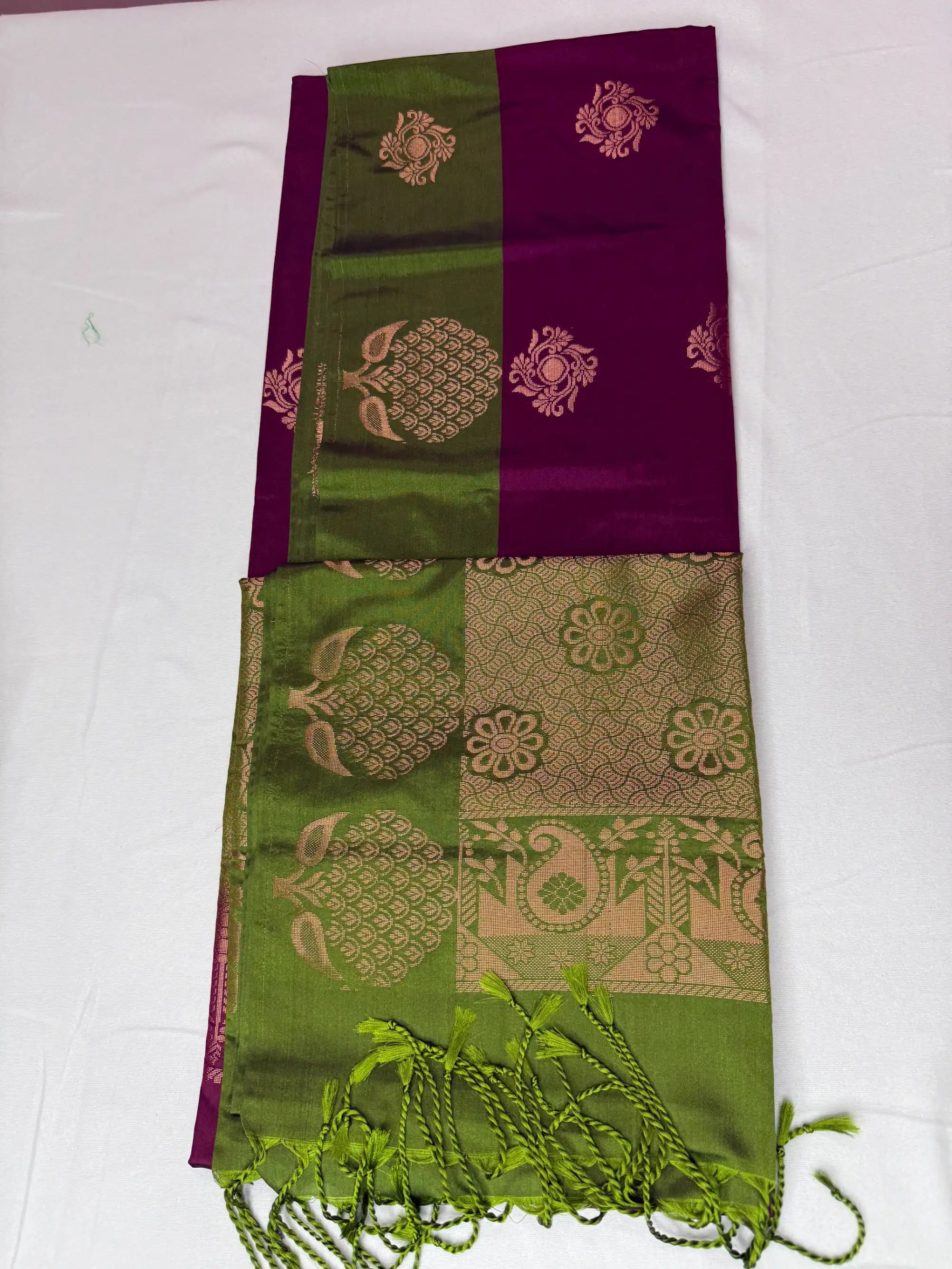 Wine Red & Sage Green – Soft Silk Saree with Peacock Motifs -SKU: J4-003