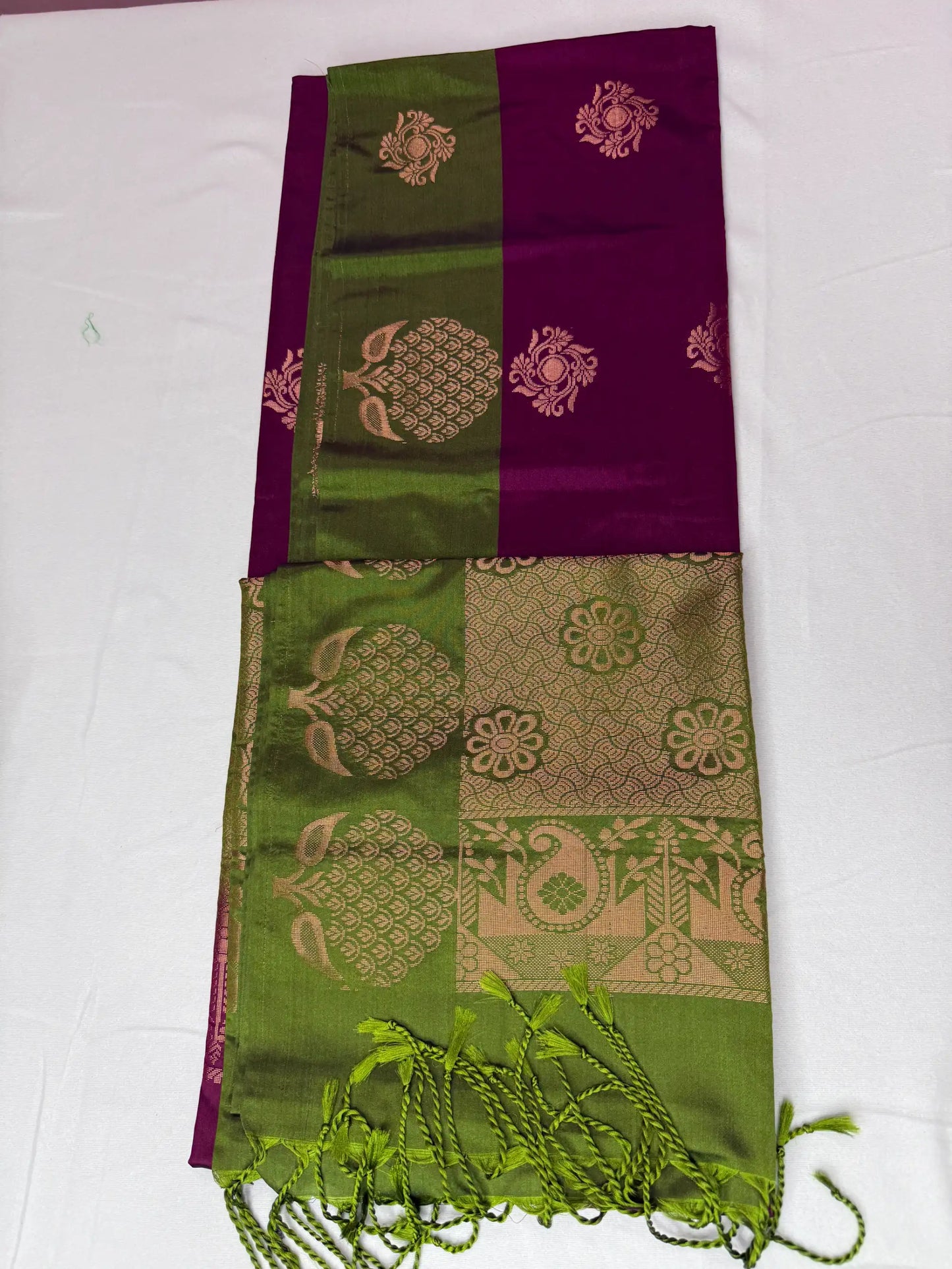 Wine Red & Sage Green – Soft Silk Saree with Peacock Motifs -SKU: J4-003