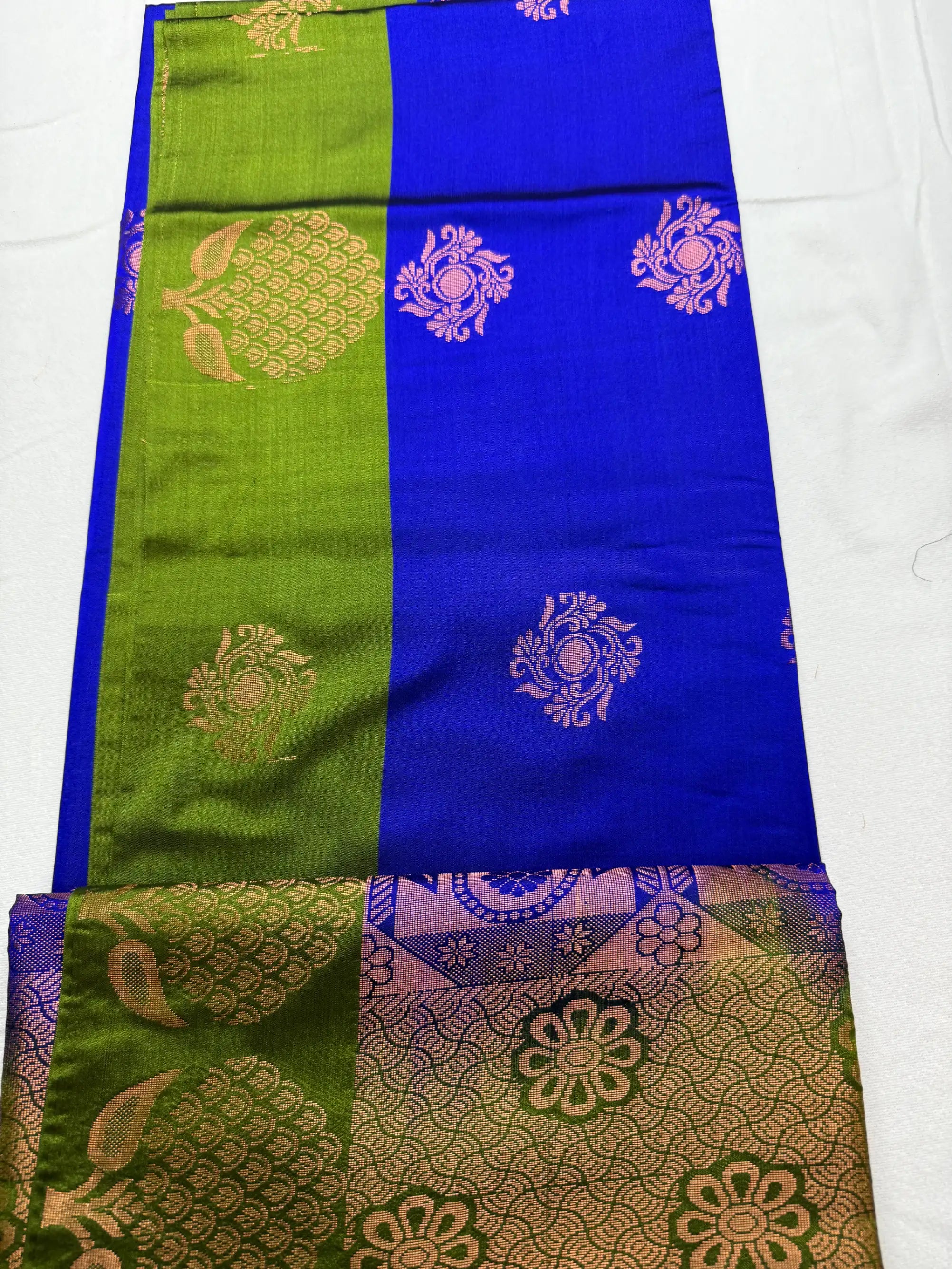 Royal Blue & Olive Green – Soft Silk Saree with Floral Pallu -SKU: J4-006