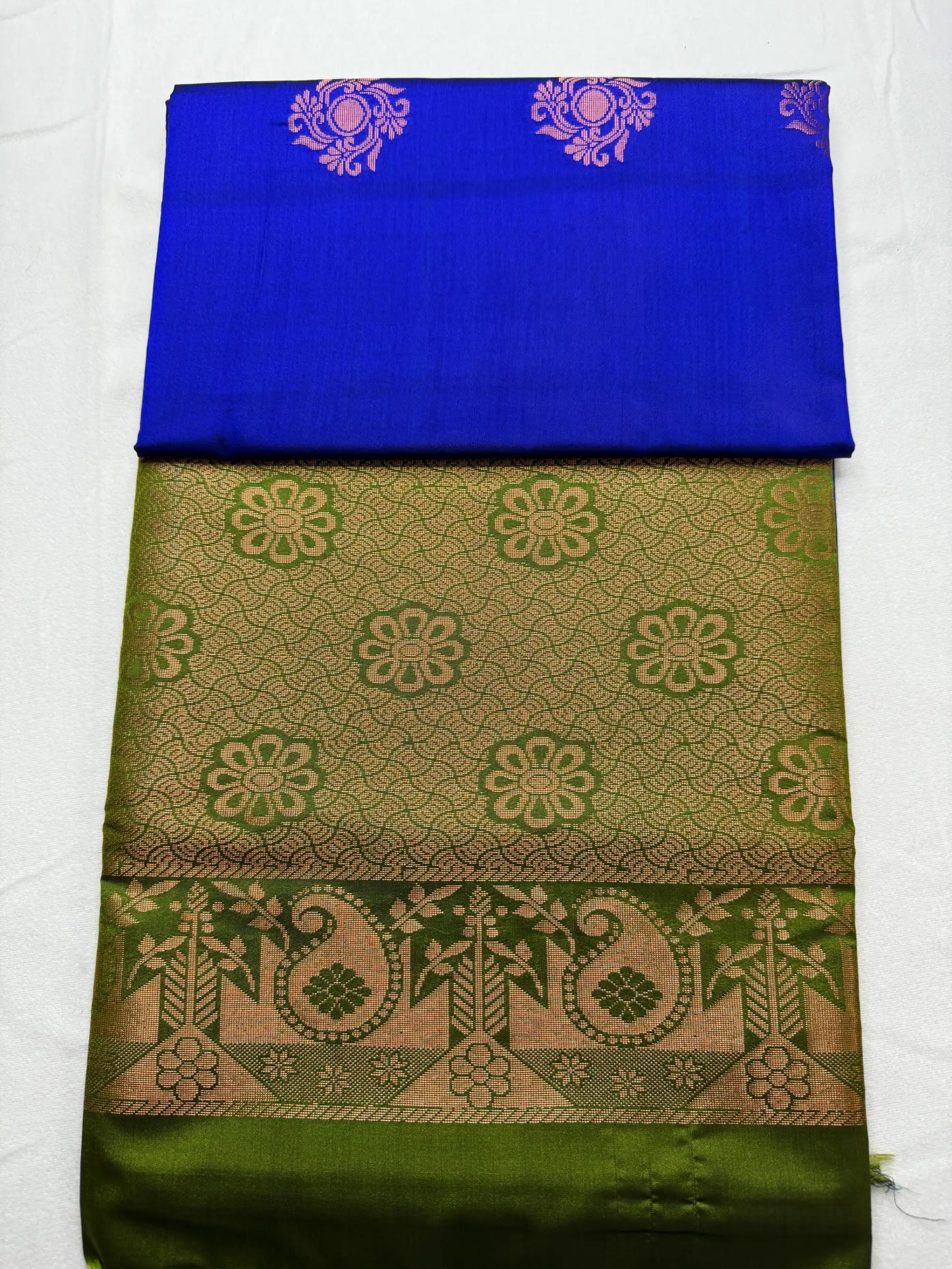 Royal Blue & Olive Green – Soft Silk Saree with Floral Pallu -SKU: J4-006