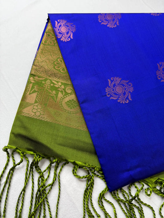 Royal Blue & Olive Green – Soft Silk Saree with Floral Pallu -SKU: J4-006