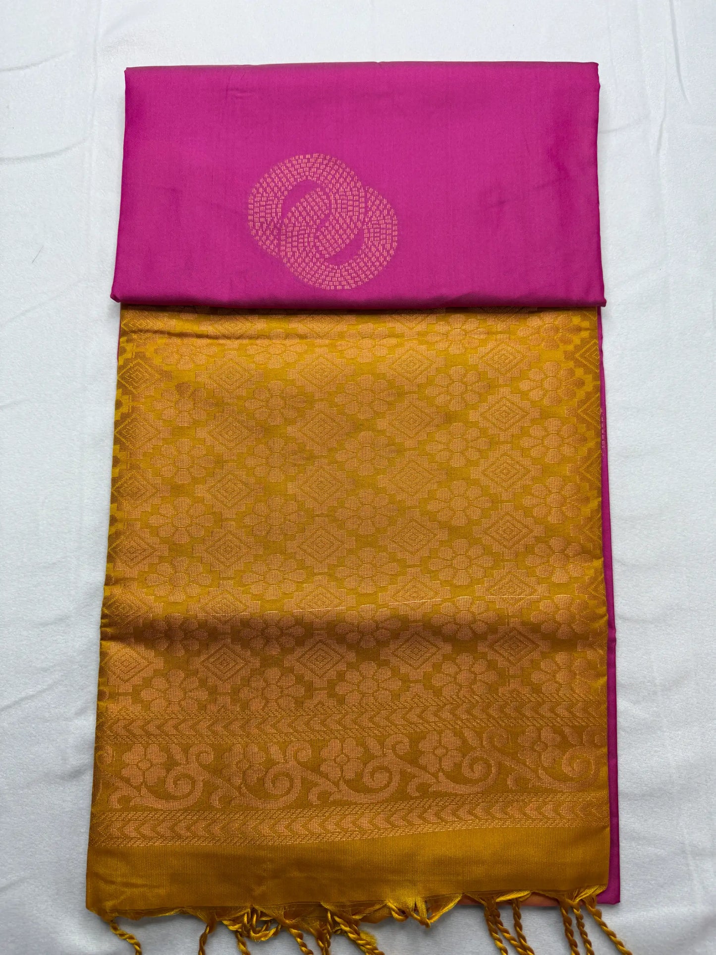 Vibrant Pink & Gold – Soft Silk Saree with Circular Motifs -SKU: J4-007