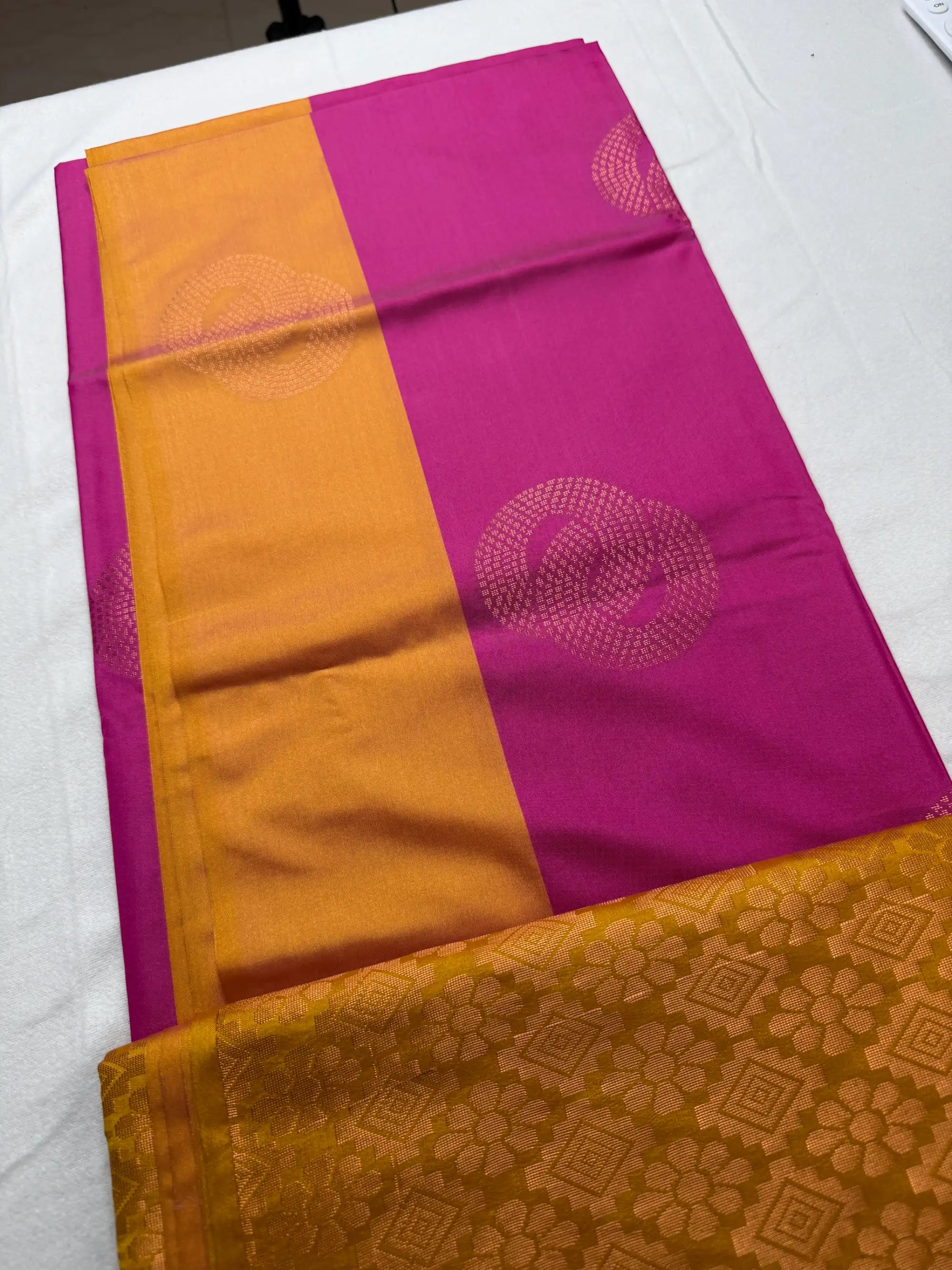 Vibrant Pink & Gold – Soft Silk Saree with Circular Motifs -SKU: J4-007