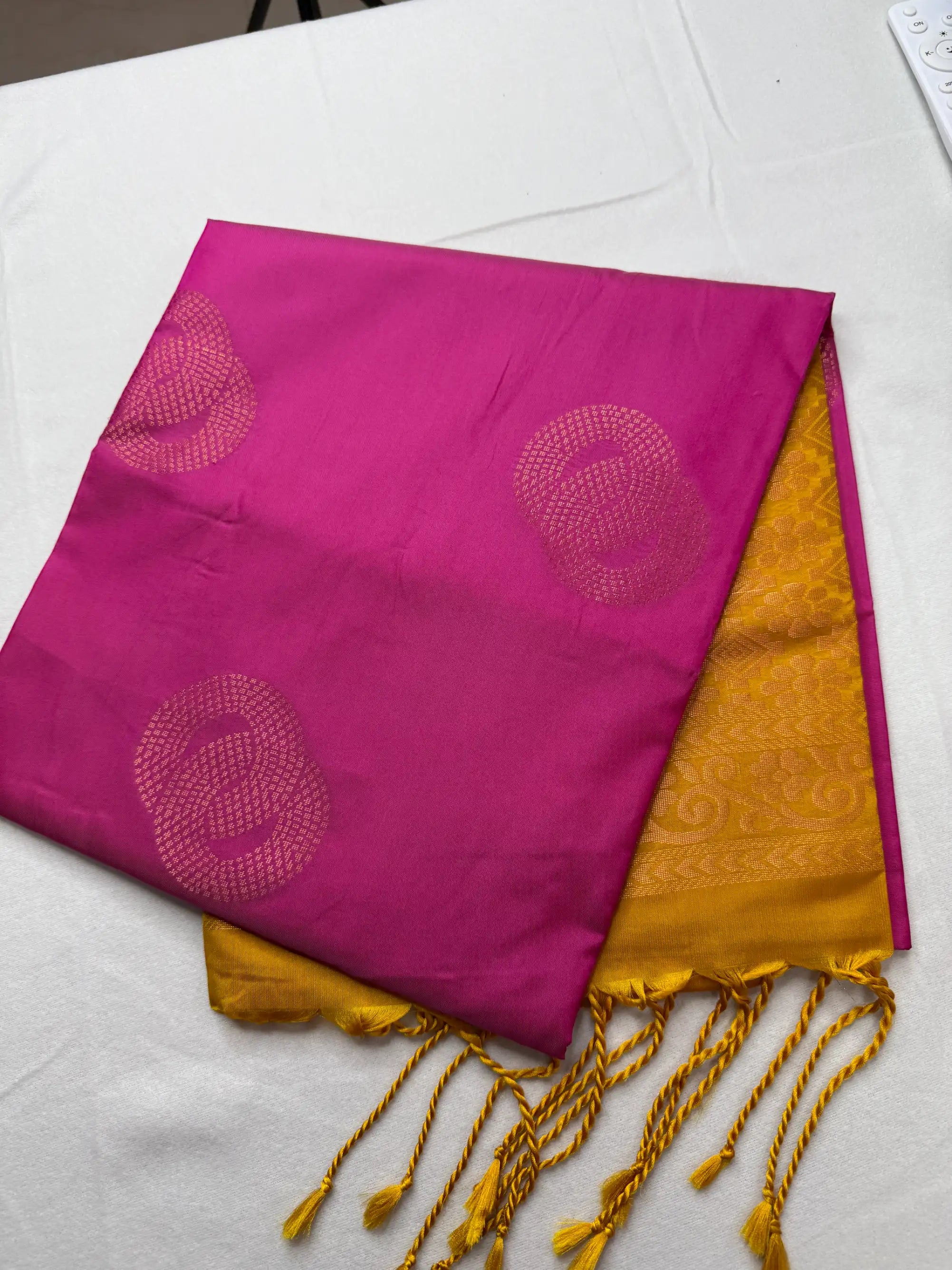 Vibrant Pink & Gold – Soft Silk Saree with Circular Motifs -SKU: J4-007