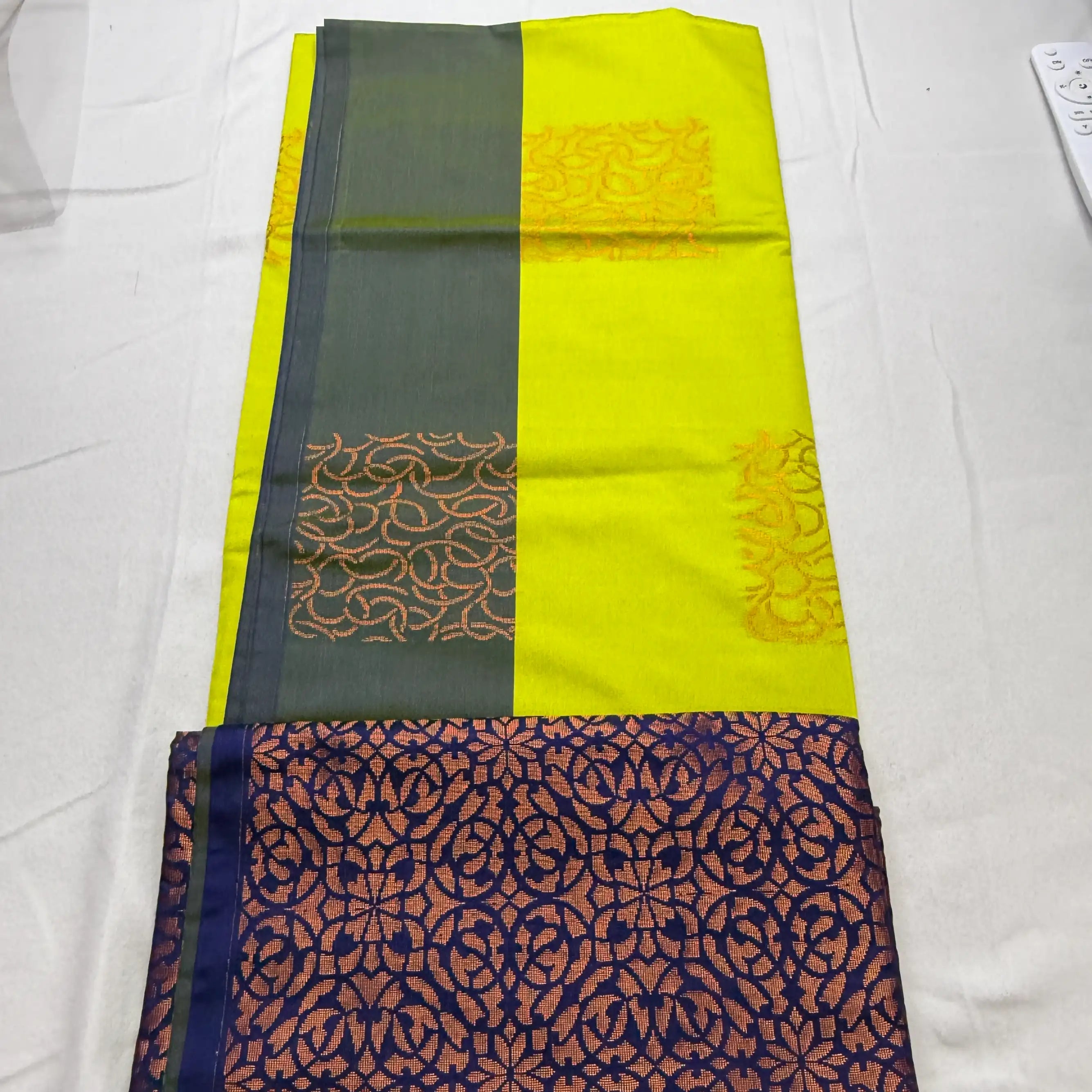 Vibrant Yellow & Blue – Soft Silk Saree with Floral Pallu -SKU: J4-008