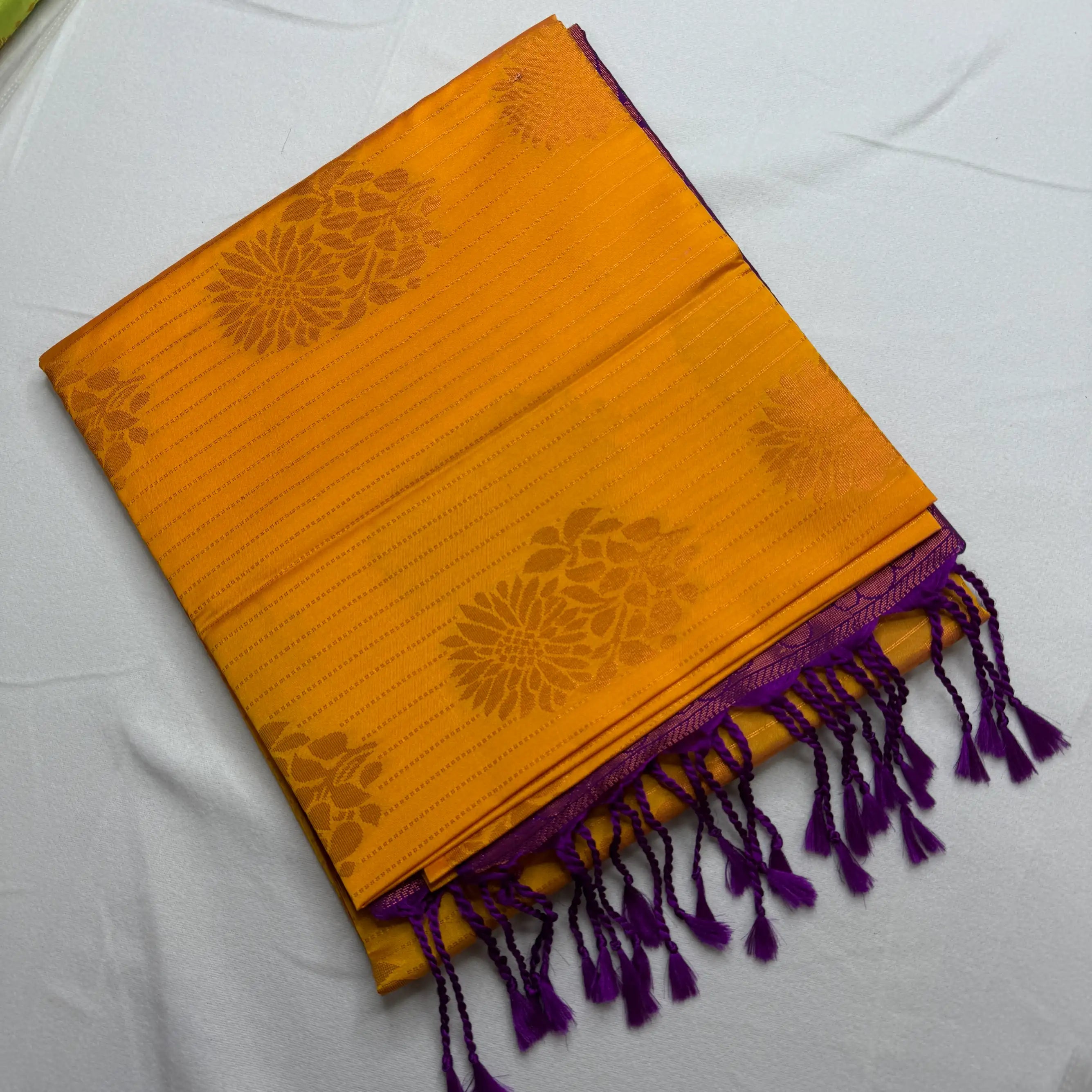 Vibrant Orange & Purple – Soft Silk Saree with Floral Pallu -SKU: J2-002