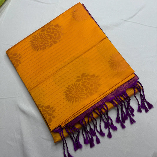 Vibrant Orange & Purple – Soft Silk Saree with Floral Pallu -SKU: J2-002