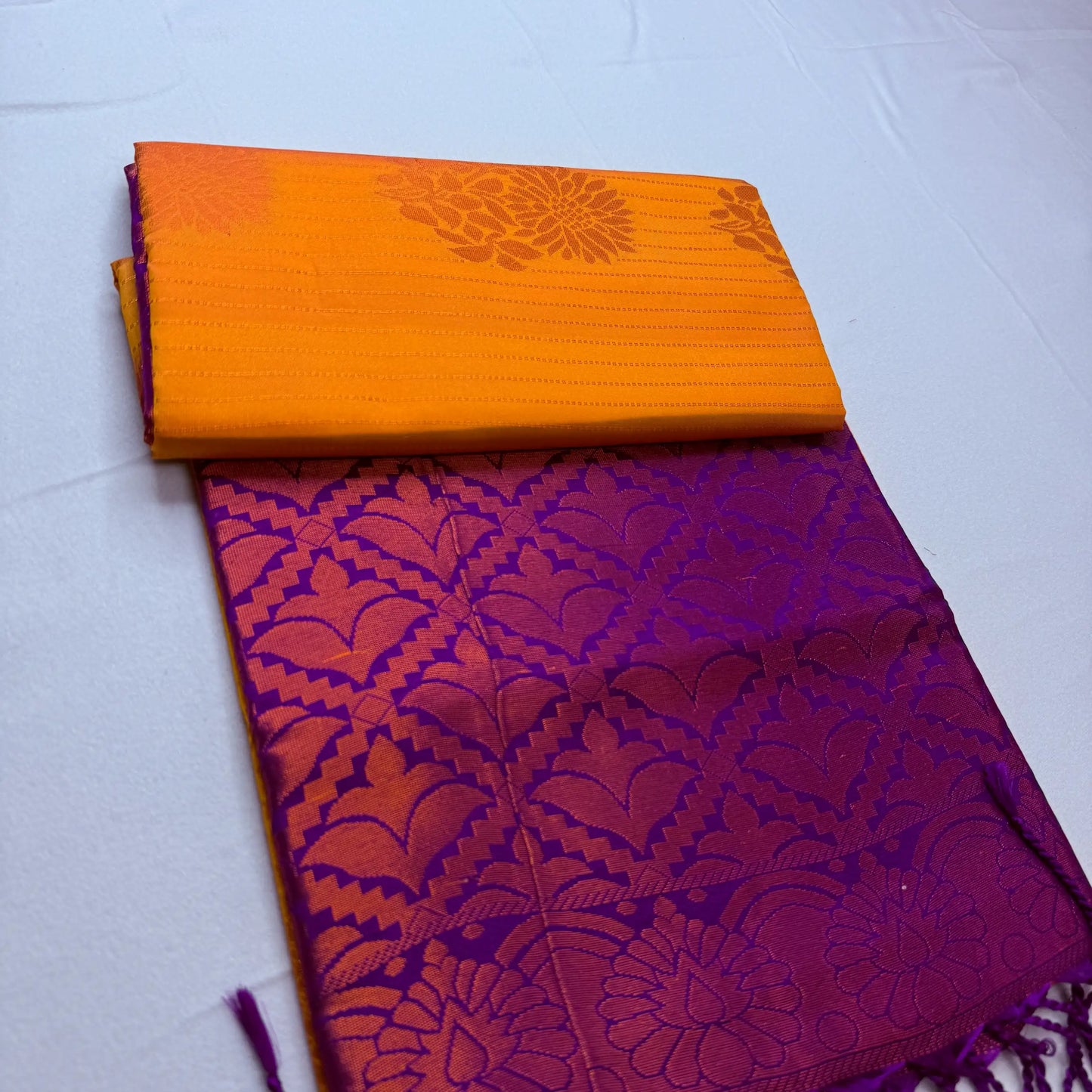 Vibrant Orange & Purple – Soft Silk Saree with Floral Pallu -SKU: J2-002