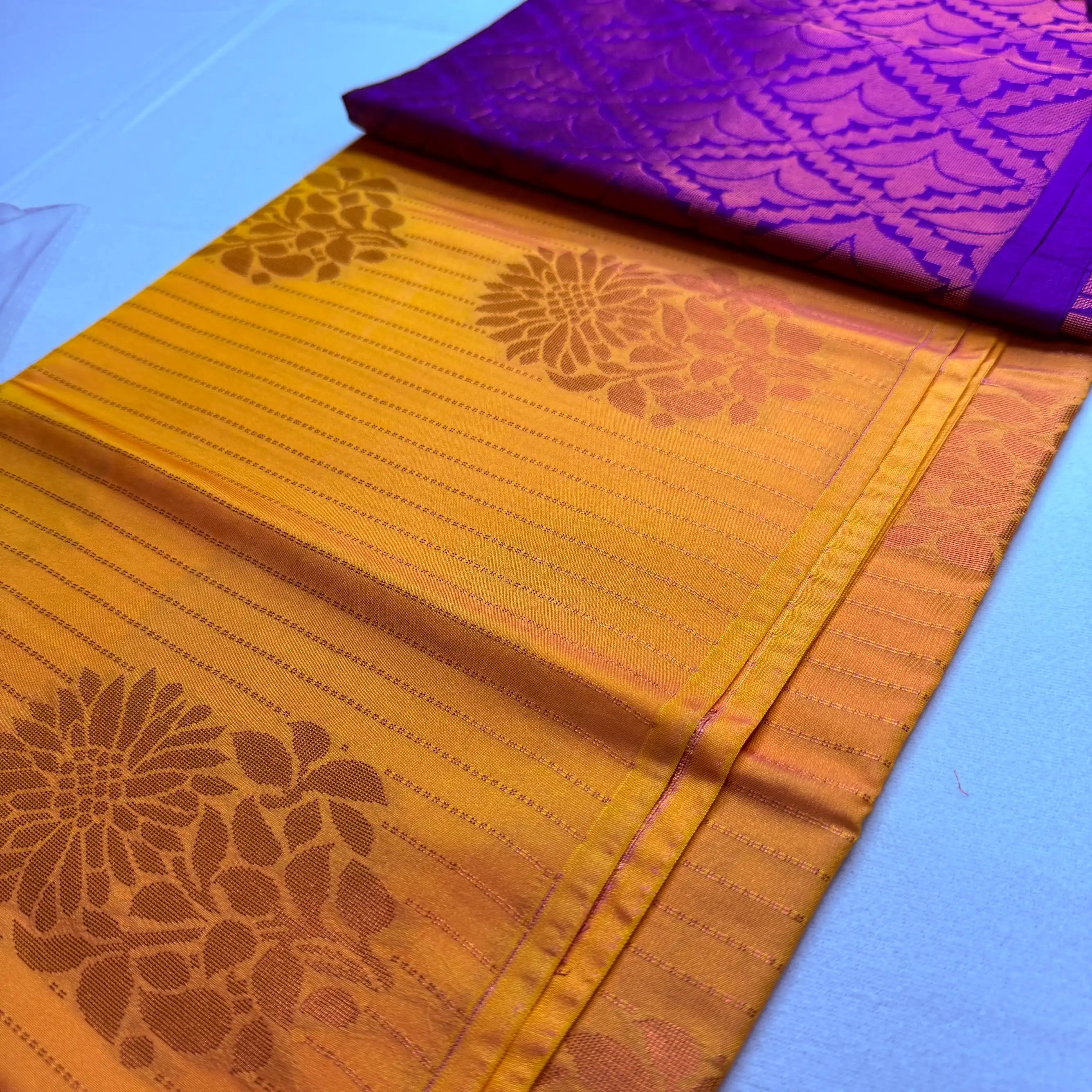 Vibrant Orange & Purple – Soft Silk Saree with Floral Pallu -SKU: J2-002