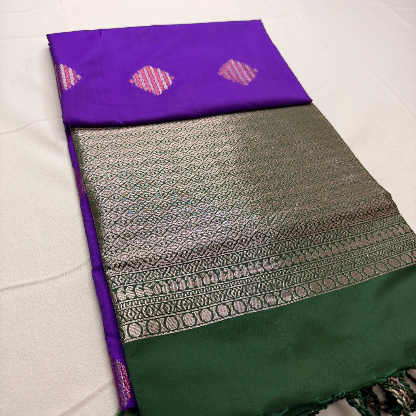 Royal Purple & Bottle Green – Soft Silk Saree with Geometric Pallu -SKU: I2-003
