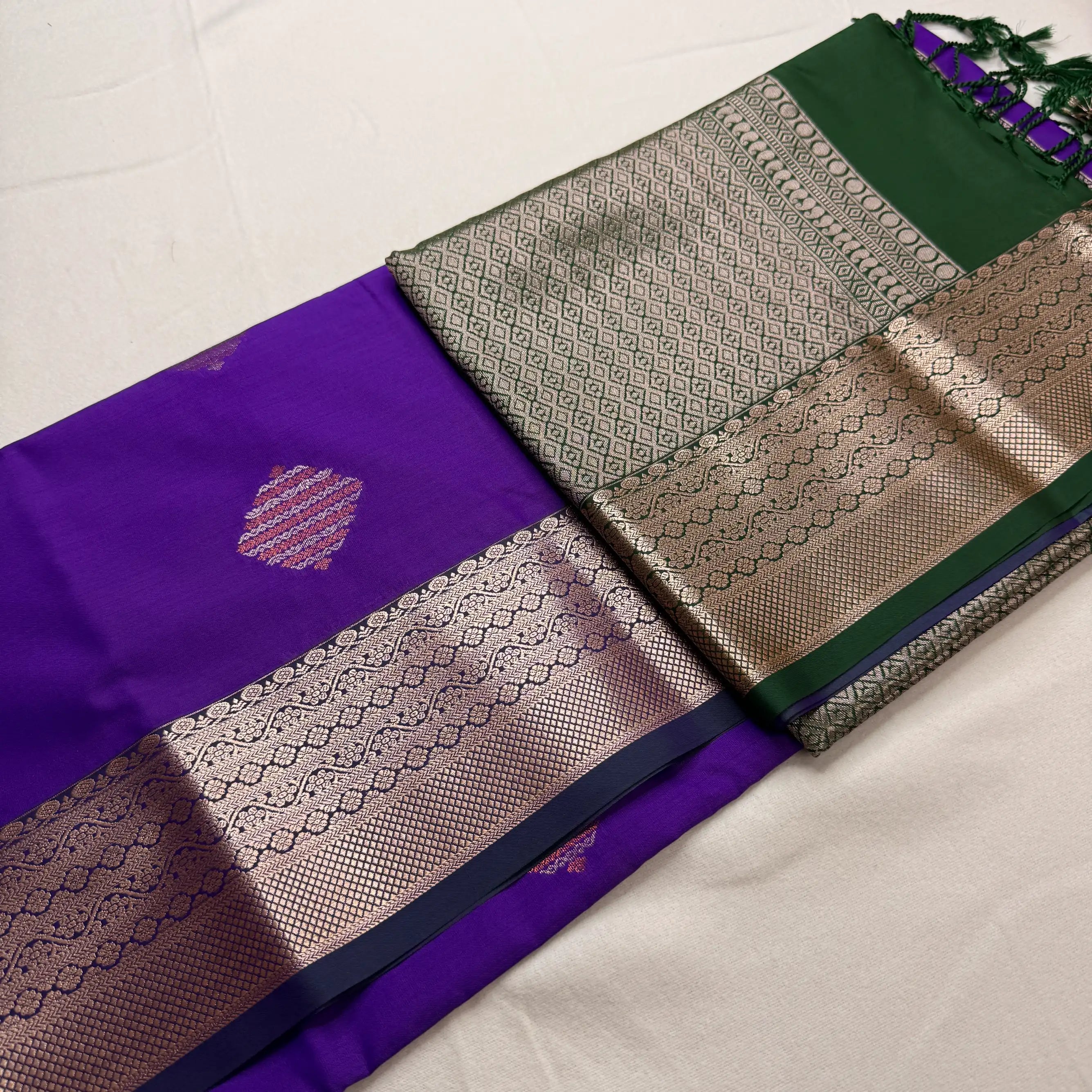 Royal Purple & Bottle Green – Soft Silk Saree with Geometric Pallu -SKU: I2-003