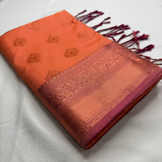Soft Peach & Magenta – Soft Silk Saree with Floral Pallu -SKU: H3-001