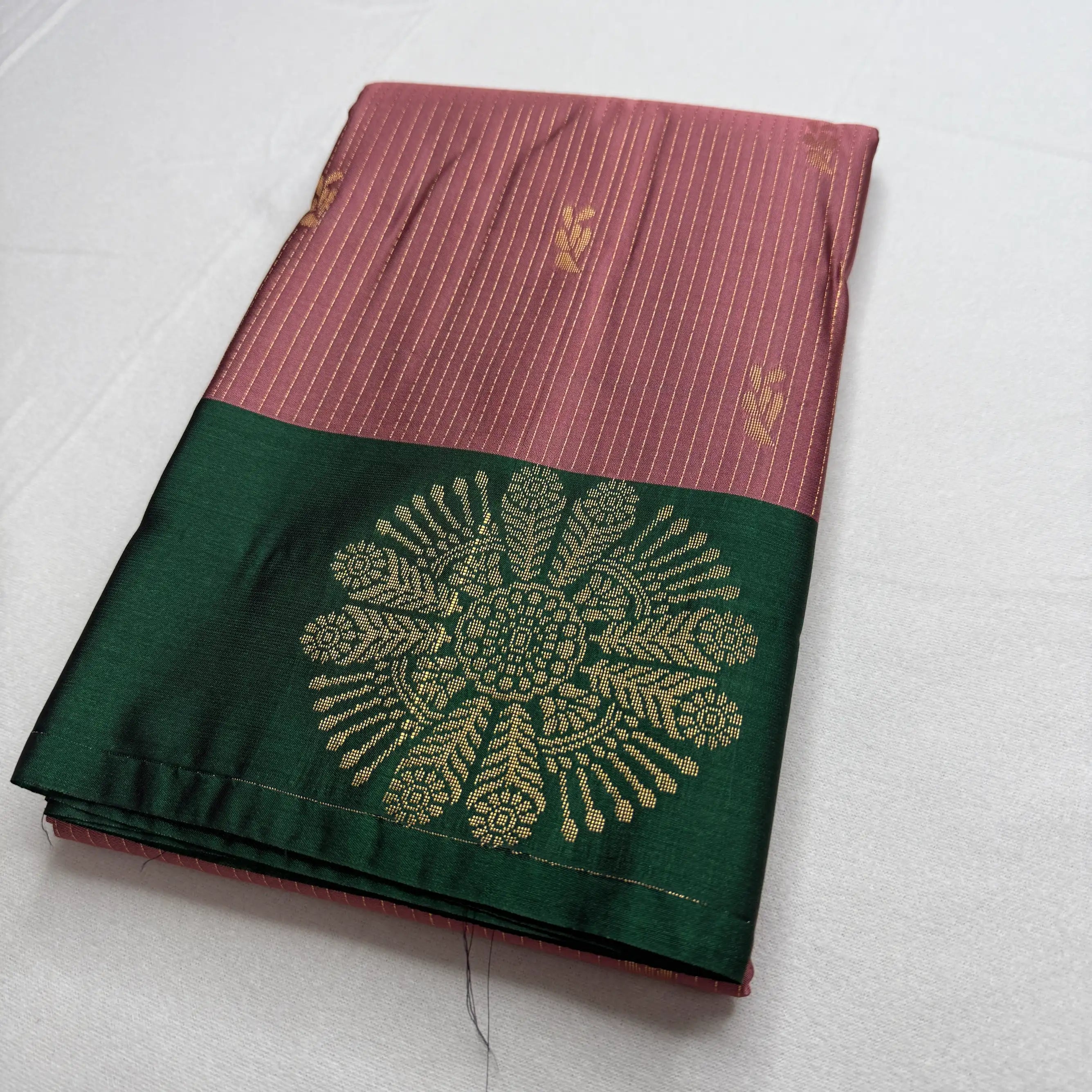 Dusky Rose & Bottle Green – Soft Silk Saree with Woven Medallion -SKU: I4-005