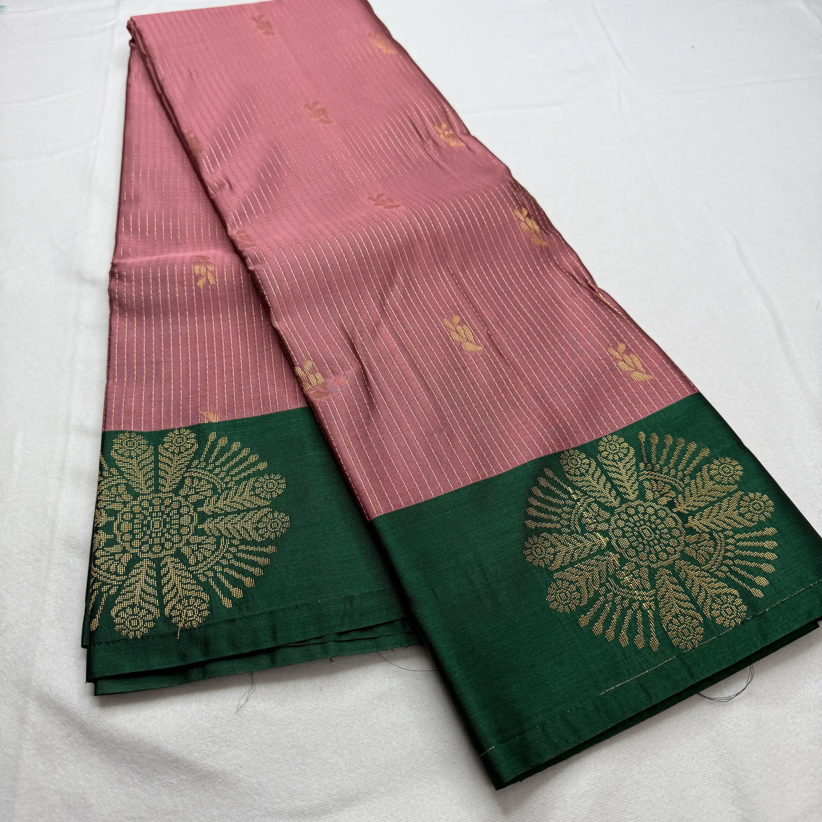 Dusky Rose & Bottle Green – Soft Silk Saree with Woven Medallion -SKU: I4-005