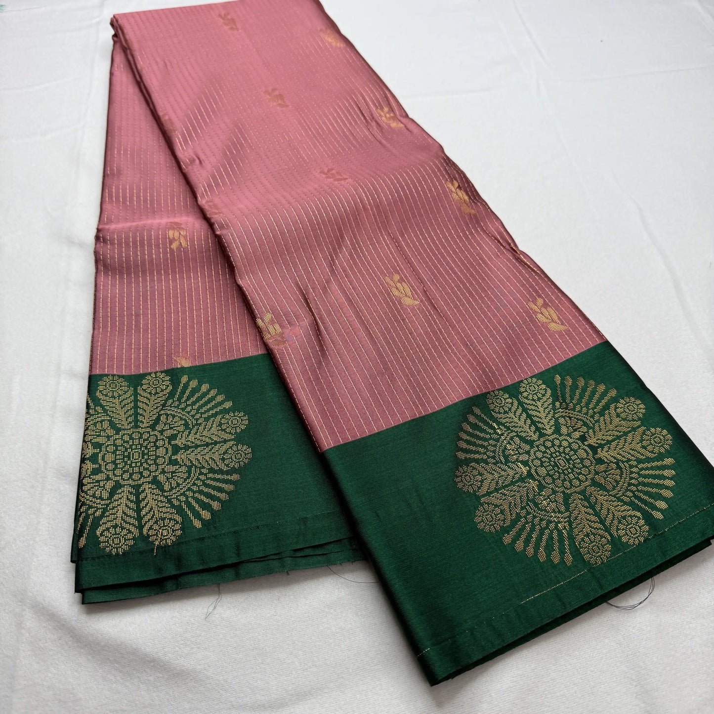 Dusky Rose & Bottle Green – Soft Silk Saree with Woven Medallion -SKU: I4-005