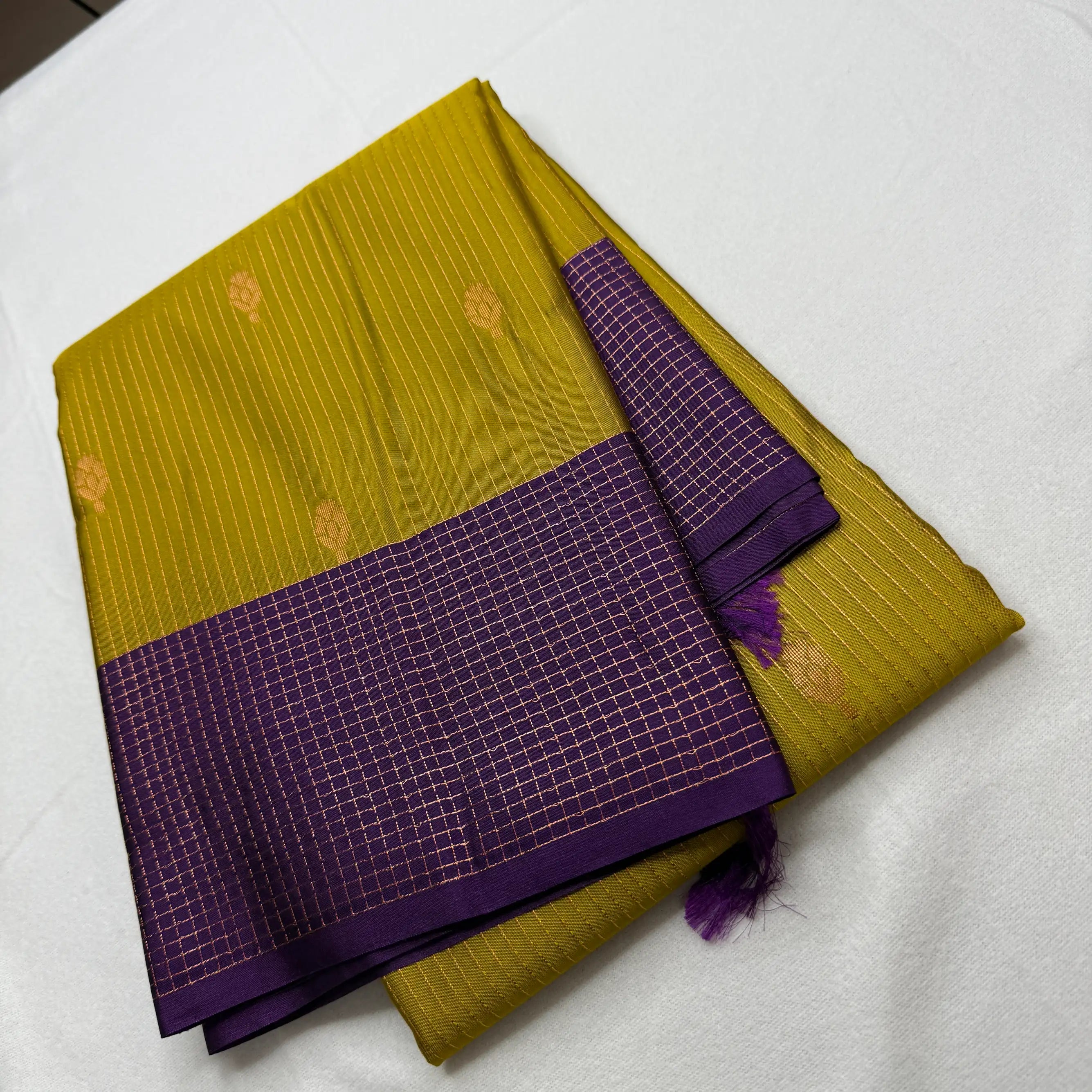 Chartreuse & Purple – Soft Silk Saree with Geometric Pallu -SKU: I4-003
