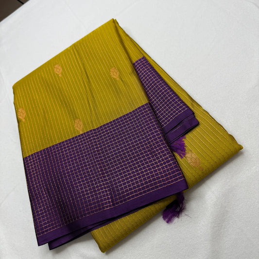 Chartreuse & Purple – Soft Silk Saree with Geometric Pallu -SKU: I4-003