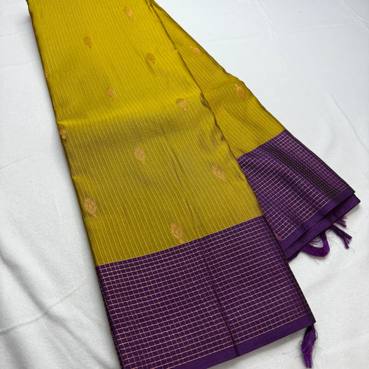 Chartreuse & Purple – Soft Silk Saree with Geometric Pallu -SKU: I4-003