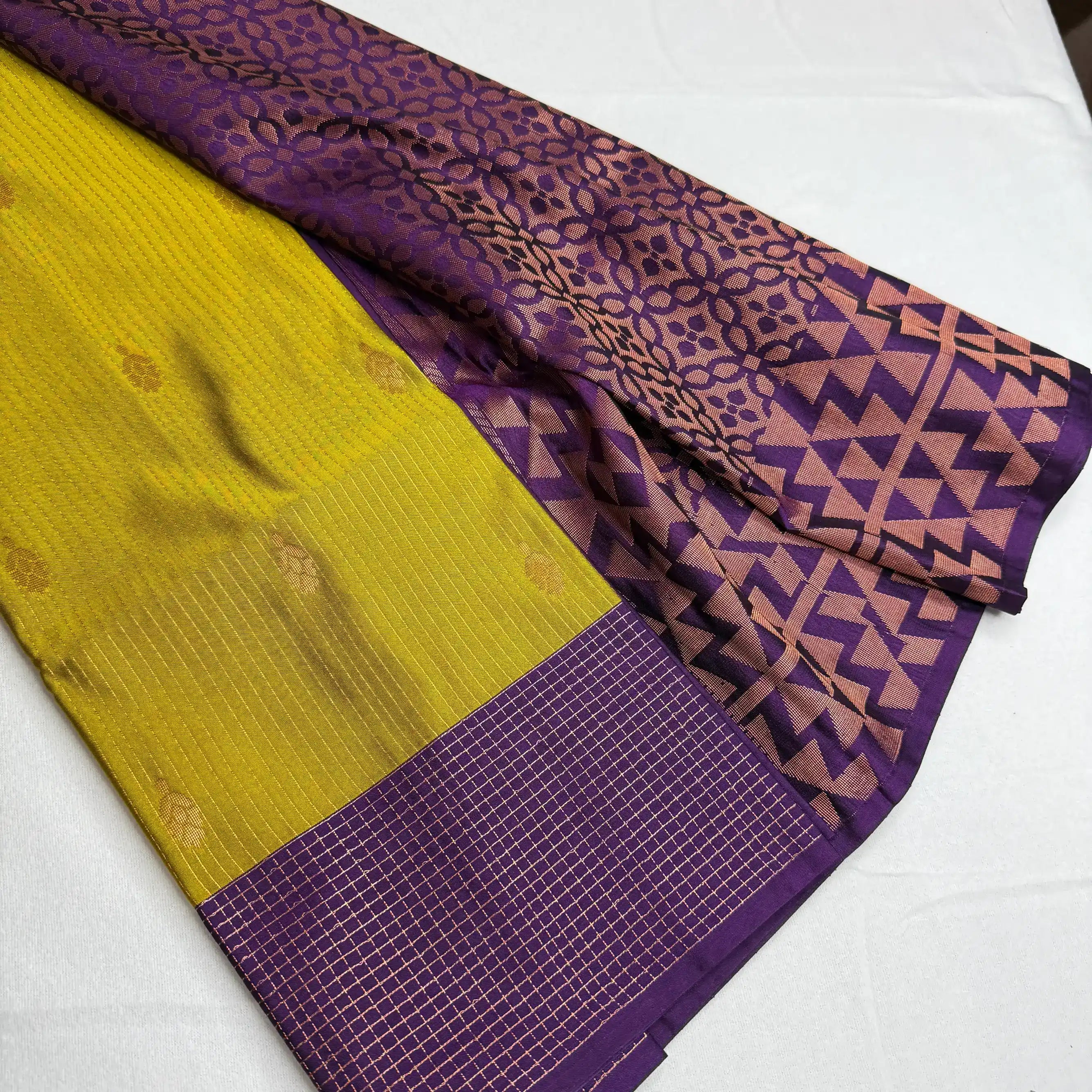 Chartreuse & Purple – Soft Silk Saree with Geometric Pallu -SKU: I4-003