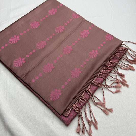 Muted Brown & Fuchsia – Soft Silk Saree with Geometric Pallu -SKU: I4-001