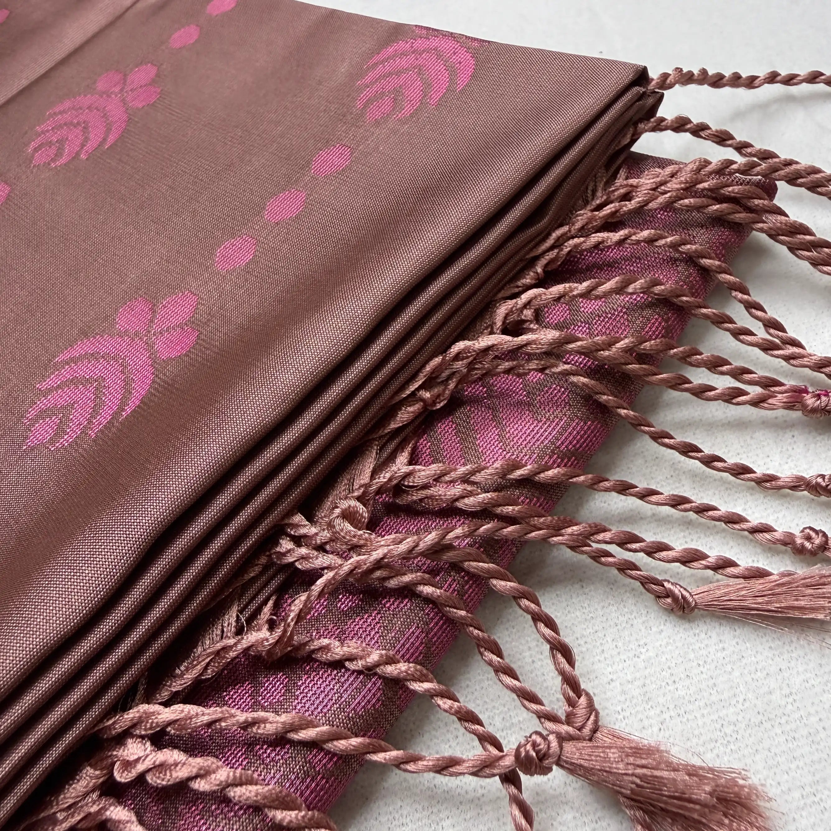 Muted Brown & Fuchsia – Soft Silk Saree with Geometric Pallu -SKU: I4-001