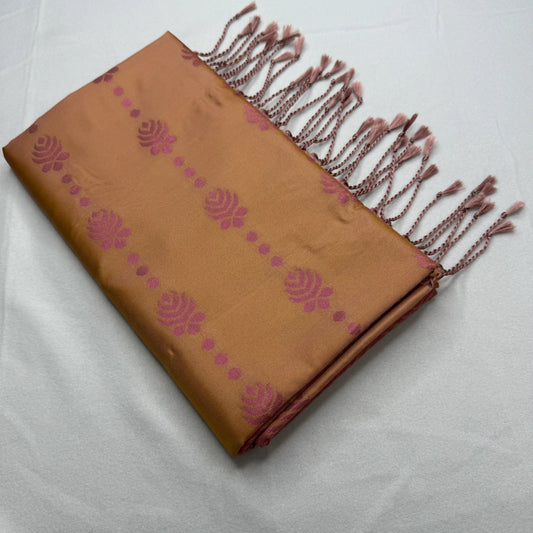 Golden Beige & Deep Pink – Soft Silk Saree with Geometric Pallu -SKU: I4-002