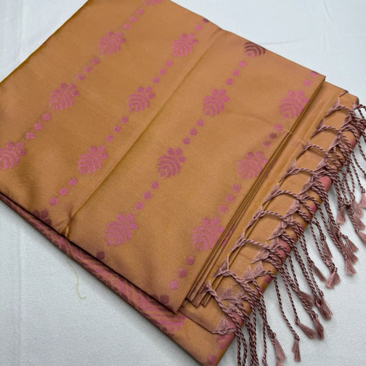 Golden Beige & Deep Pink – Soft Silk Saree with Geometric Pallu -SKU: I4-002