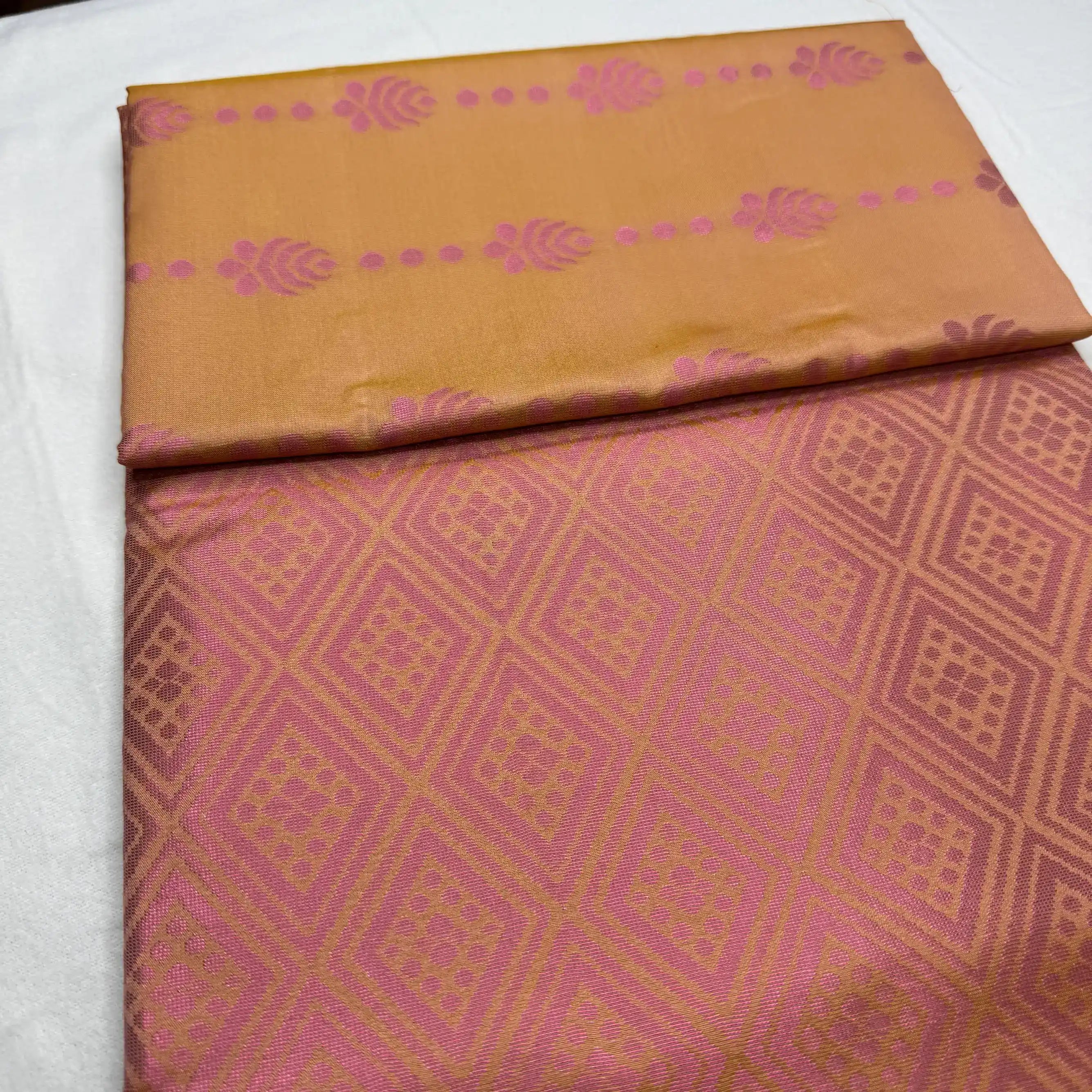 Golden Beige & Deep Pink – Soft Silk Saree with Geometric Pallu -SKU: I4-002