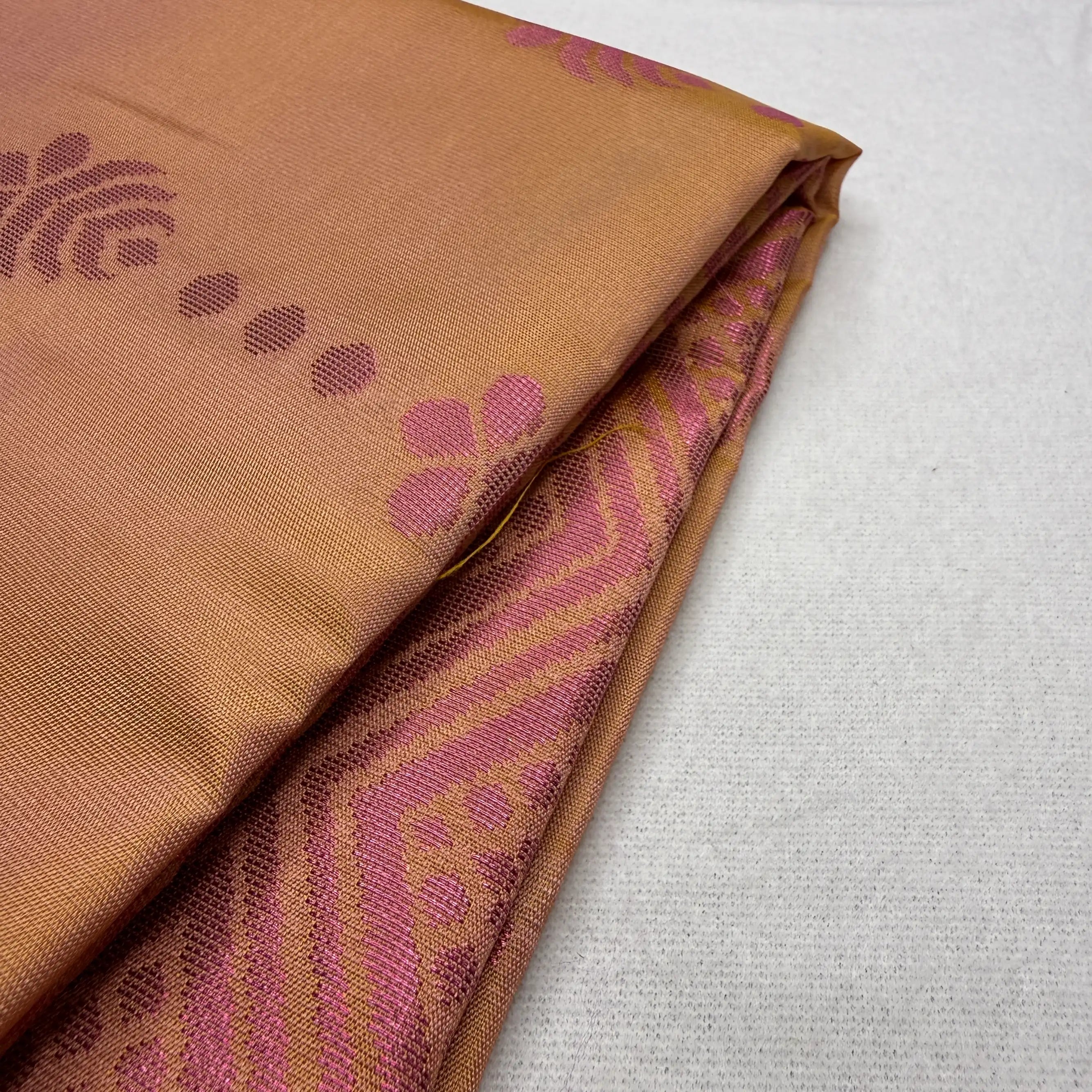 Golden Beige & Deep Pink – Soft Silk Saree with Geometric Pallu -SKU: I4-002