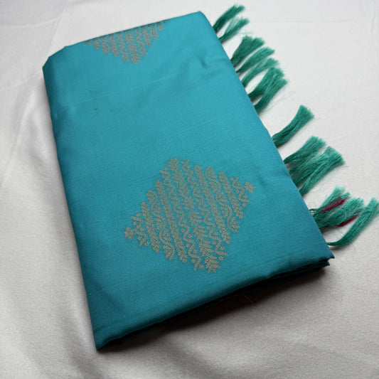 Wine Red & Teal – Soft Silk Saree with Geometric Pallu -SKU: I3-001