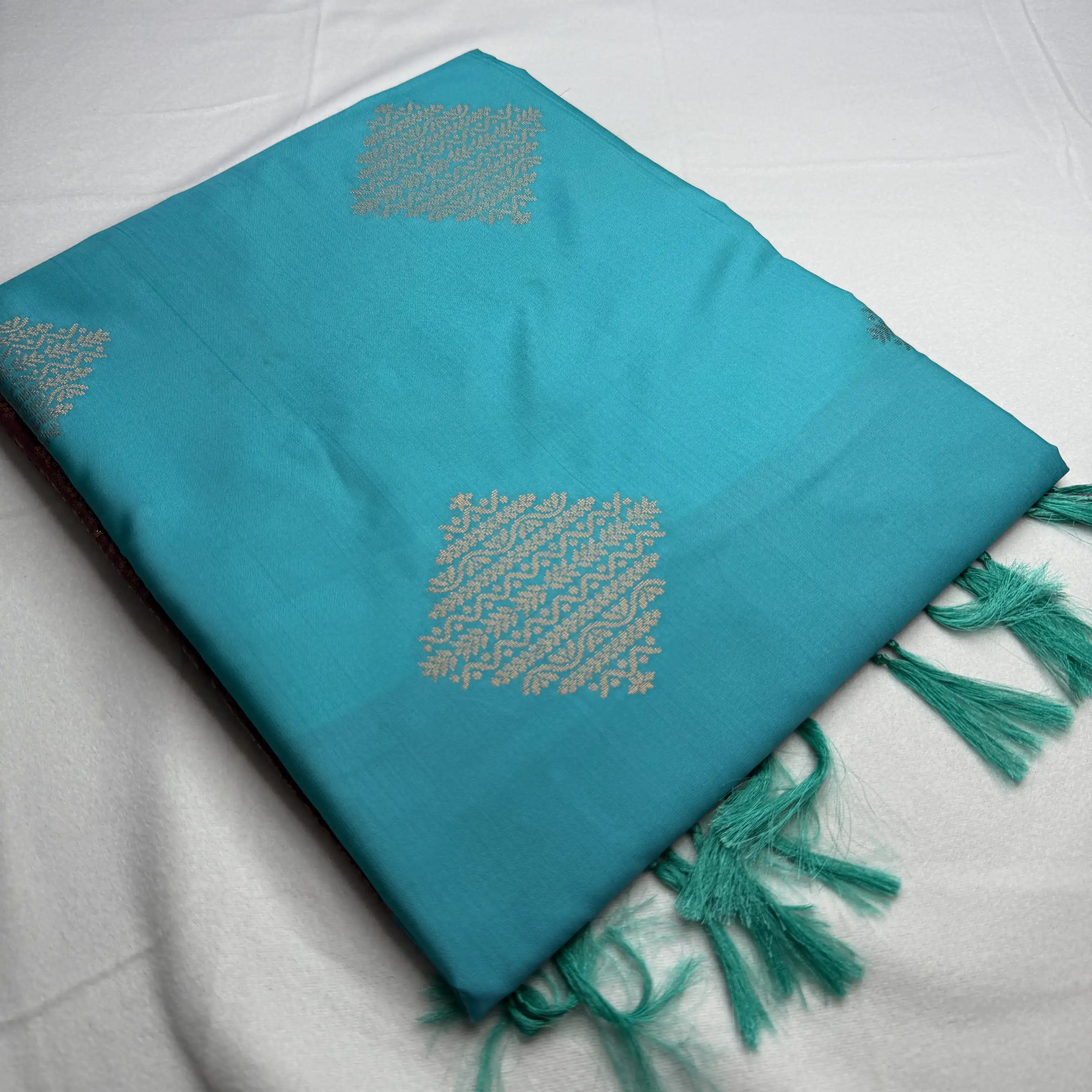 Wine Red & Teal – Soft Silk Saree with Geometric Pallu -SKU: I3-001