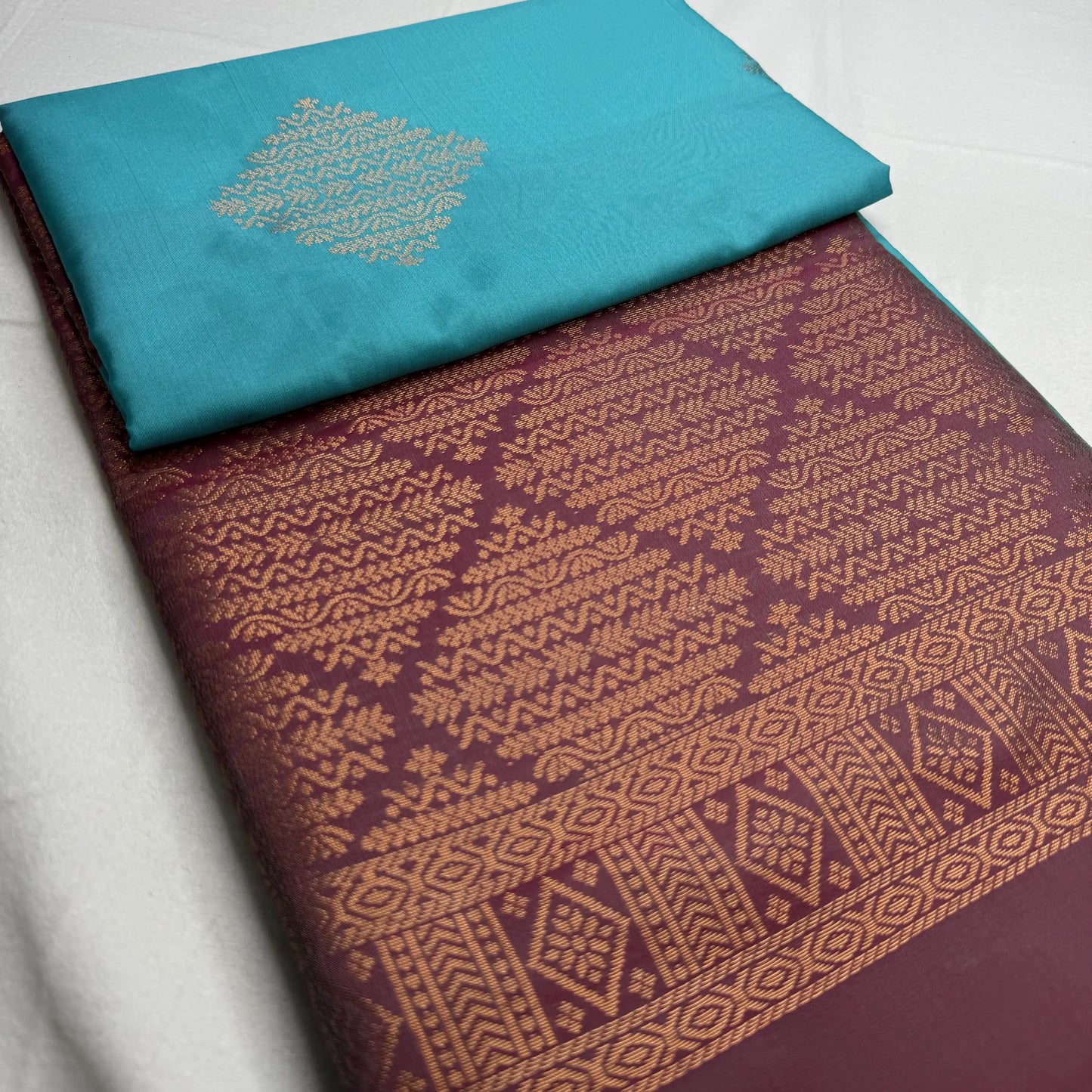 Wine Red & Teal – Soft Silk Saree with Geometric Pallu -SKU: I3-001