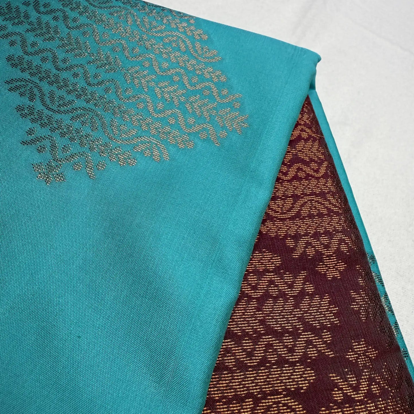 Wine Red & Teal – Soft Silk Saree with Geometric Pallu -SKU: I3-001