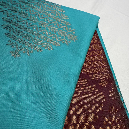 Wine Red & Teal – Soft Silk Saree with Geometric Pallu -SKU: I3-001