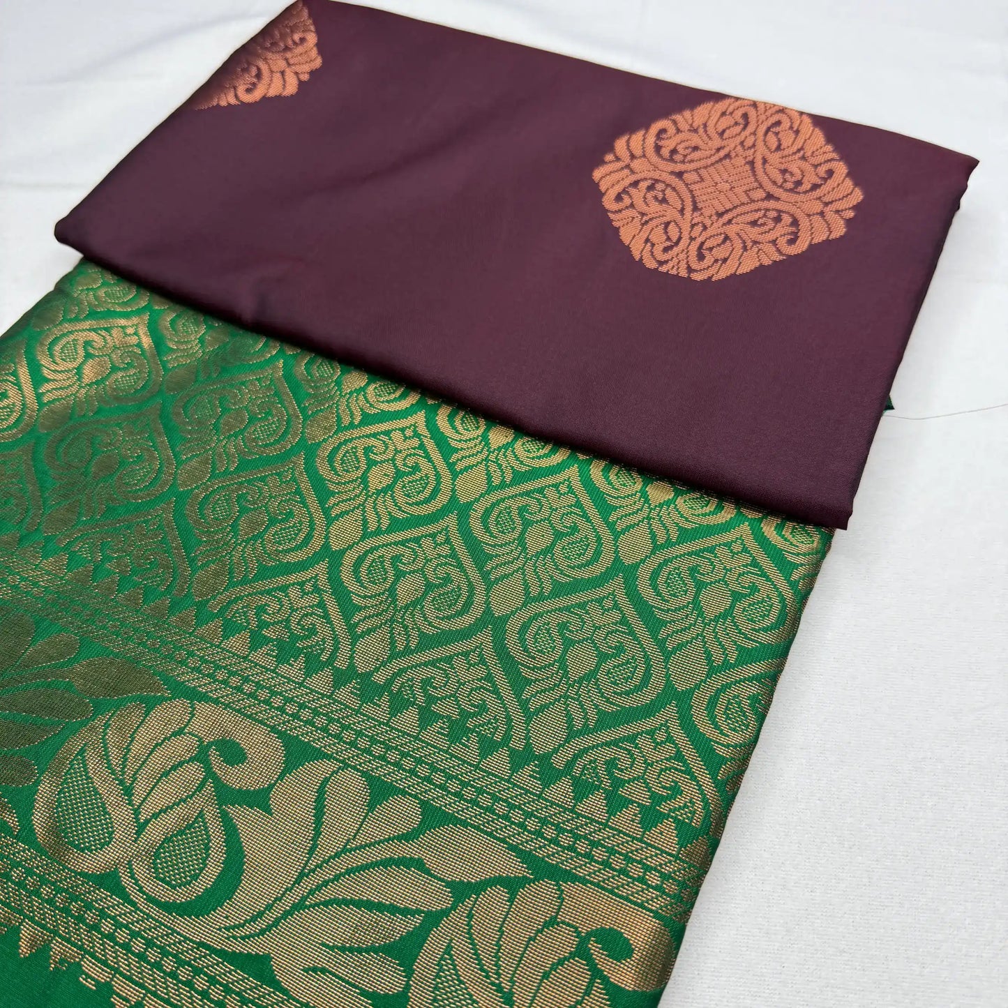 Wine Red & Emerald Green – Soft Silk Saree with Woven Pallu -SKU: H4-005