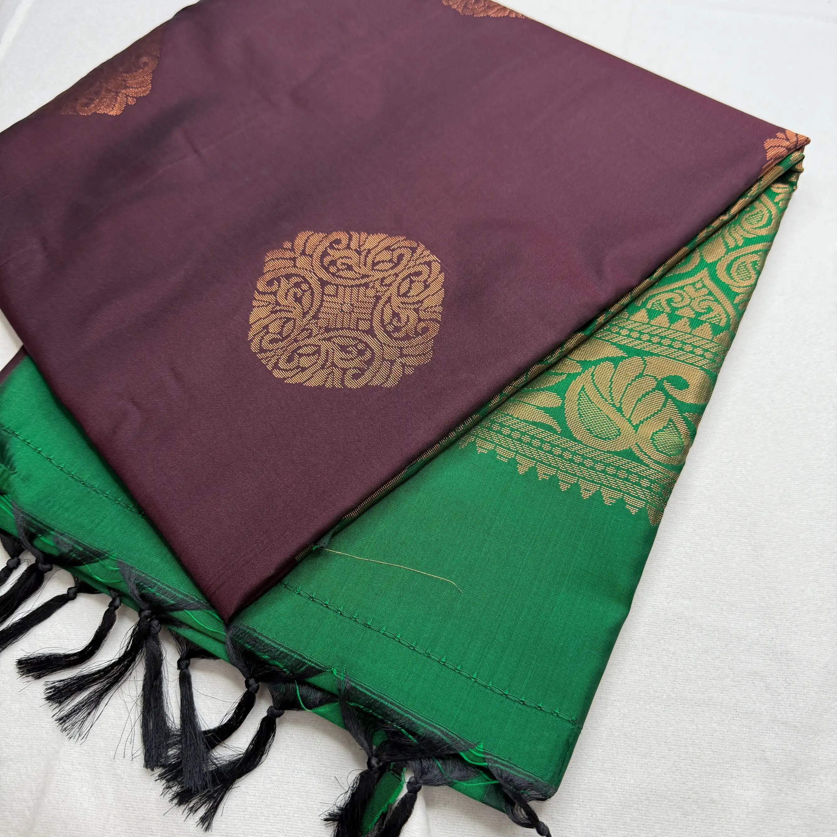 Wine Red & Emerald Green – Soft Silk Saree with Woven Pallu -SKU: H4-005