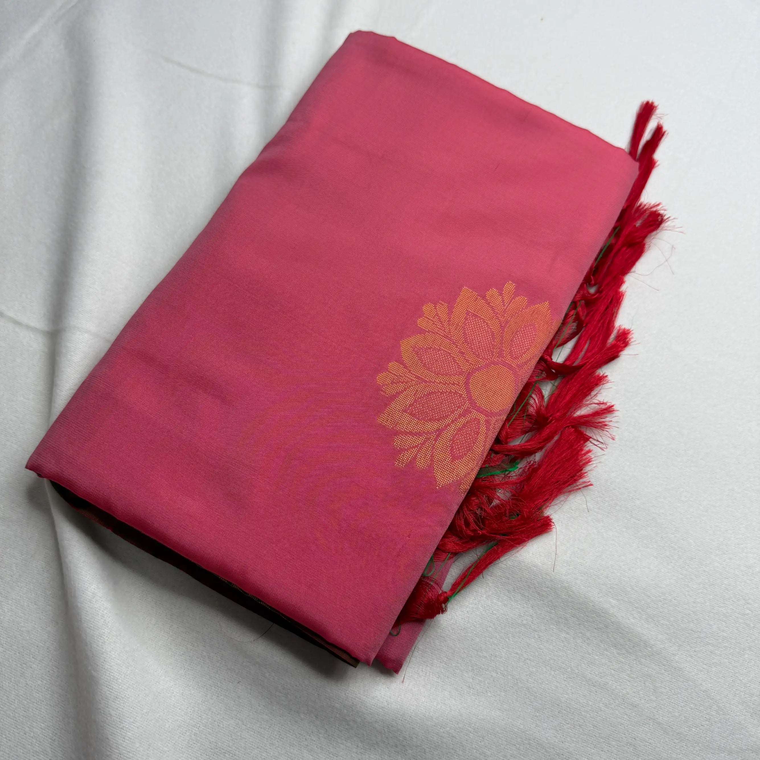 Rose Pink & Green – Soft Silk Saree with Floral Pallu -SKU: H4-004