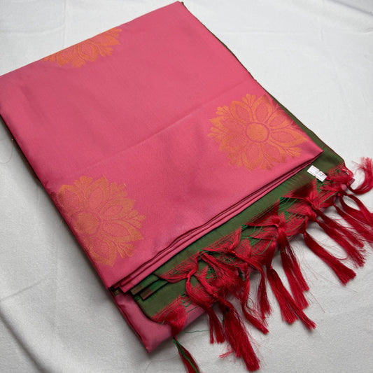 Rose Pink & Green – Soft Silk Saree with Floral Pallu -SKU: H4-004