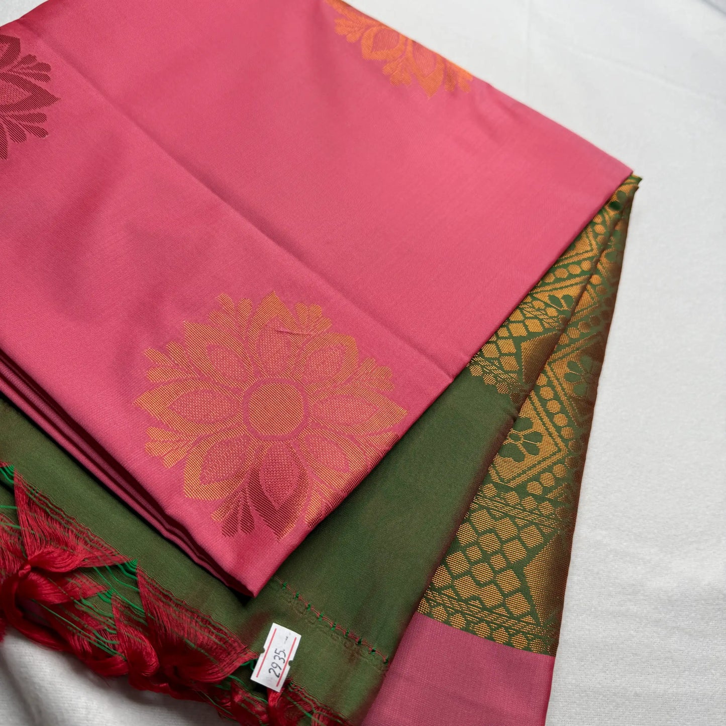 Rose Pink & Green – Soft Silk Saree with Floral Pallu -SKU: H4-004