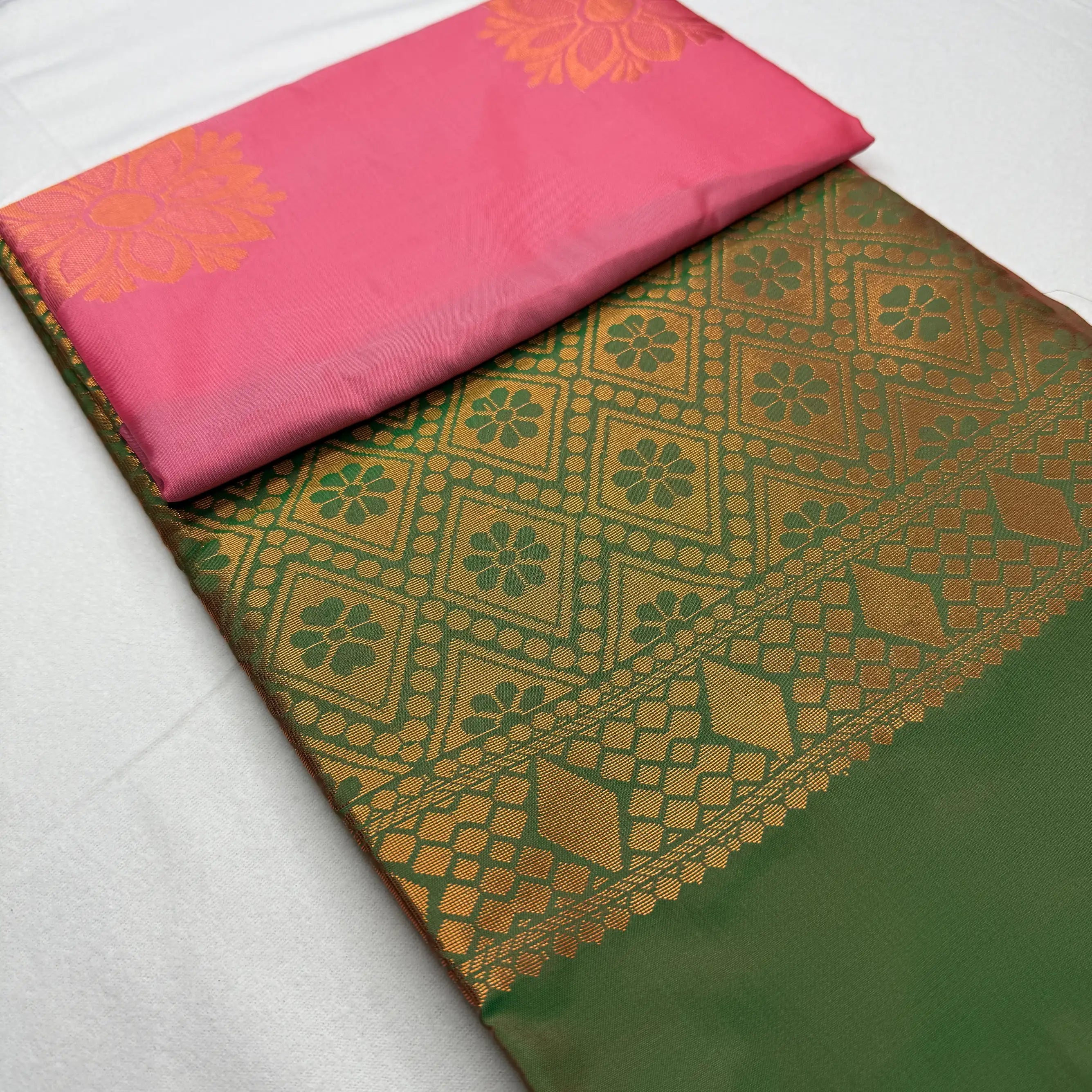 Rose Pink & Green – Soft Silk Saree with Floral Pallu -SKU: H4-004