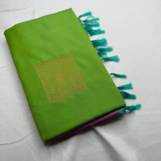 Lime Green & Fuchsia Pink – Soft Silk Saree with Floral Pallu -SKU: H4-008