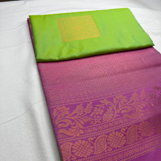 Lime Green & Fuchsia Pink – Soft Silk Saree with Floral Pallu -SKU: H4-008