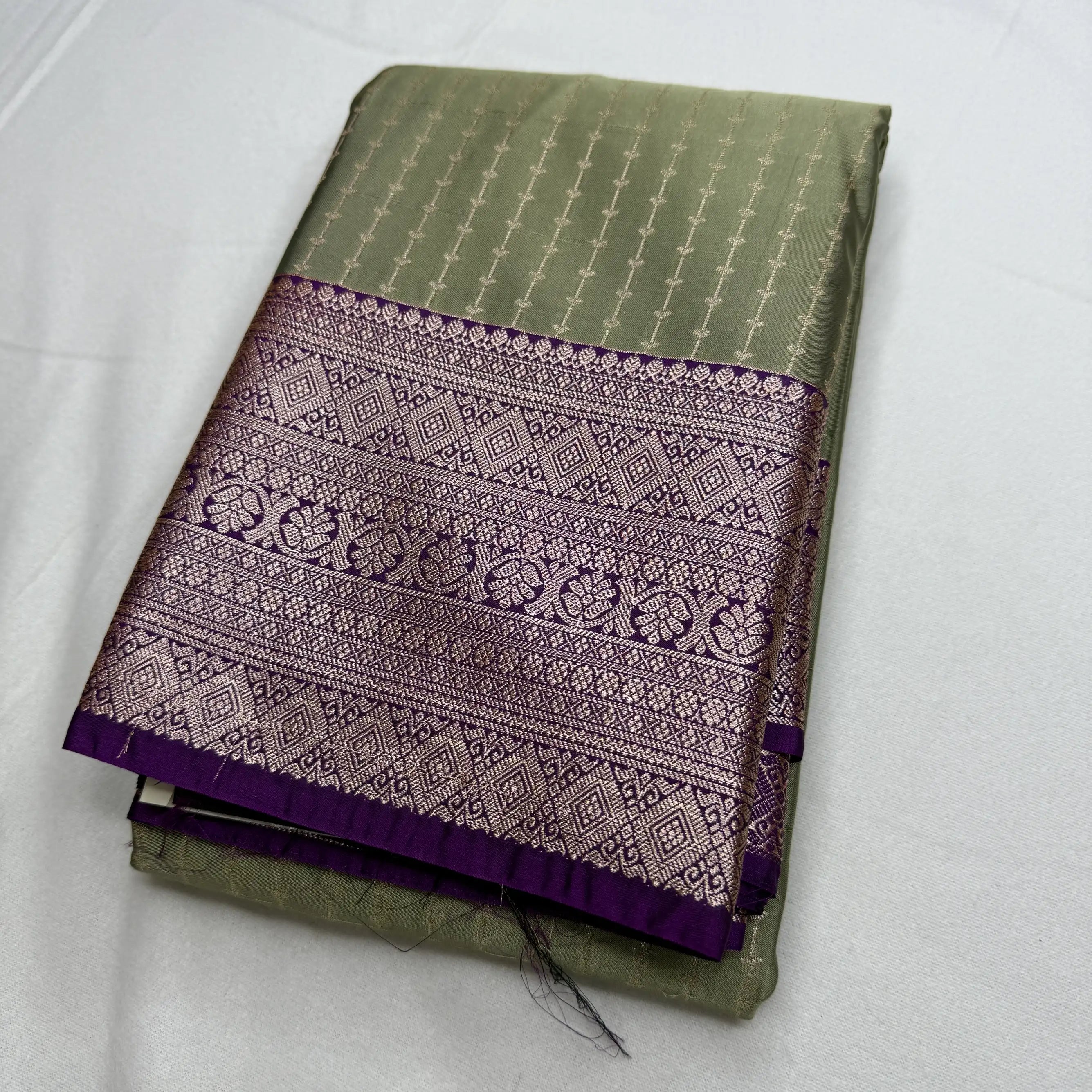 Muted Green & Purple – Soft Silk Saree with Geometric Border -SKU: H1-003