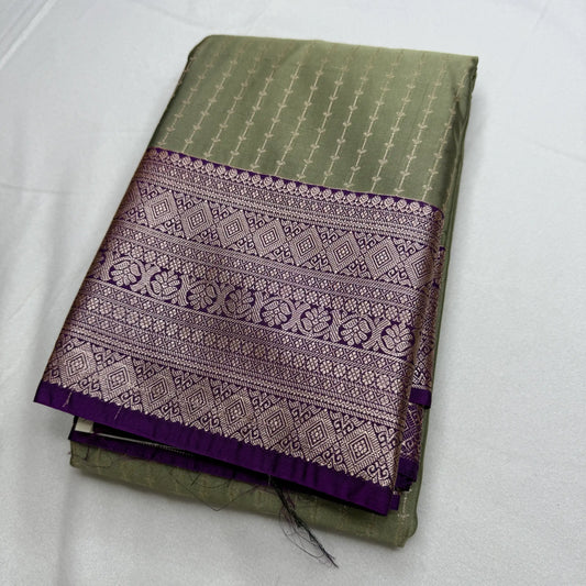 Muted Green & Purple – Soft Silk Saree with Geometric Border -SKU: H1-003