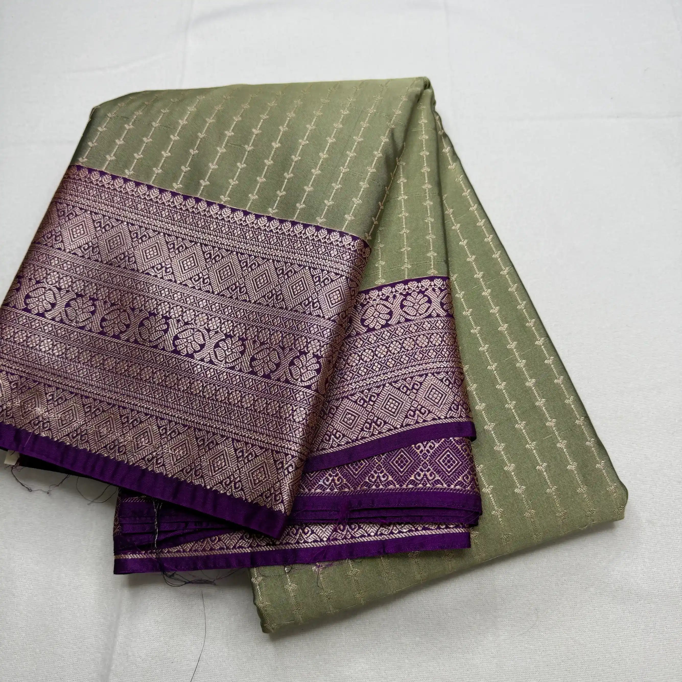 Muted Green & Purple – Soft Silk Saree with Geometric Border -SKU: H1-003