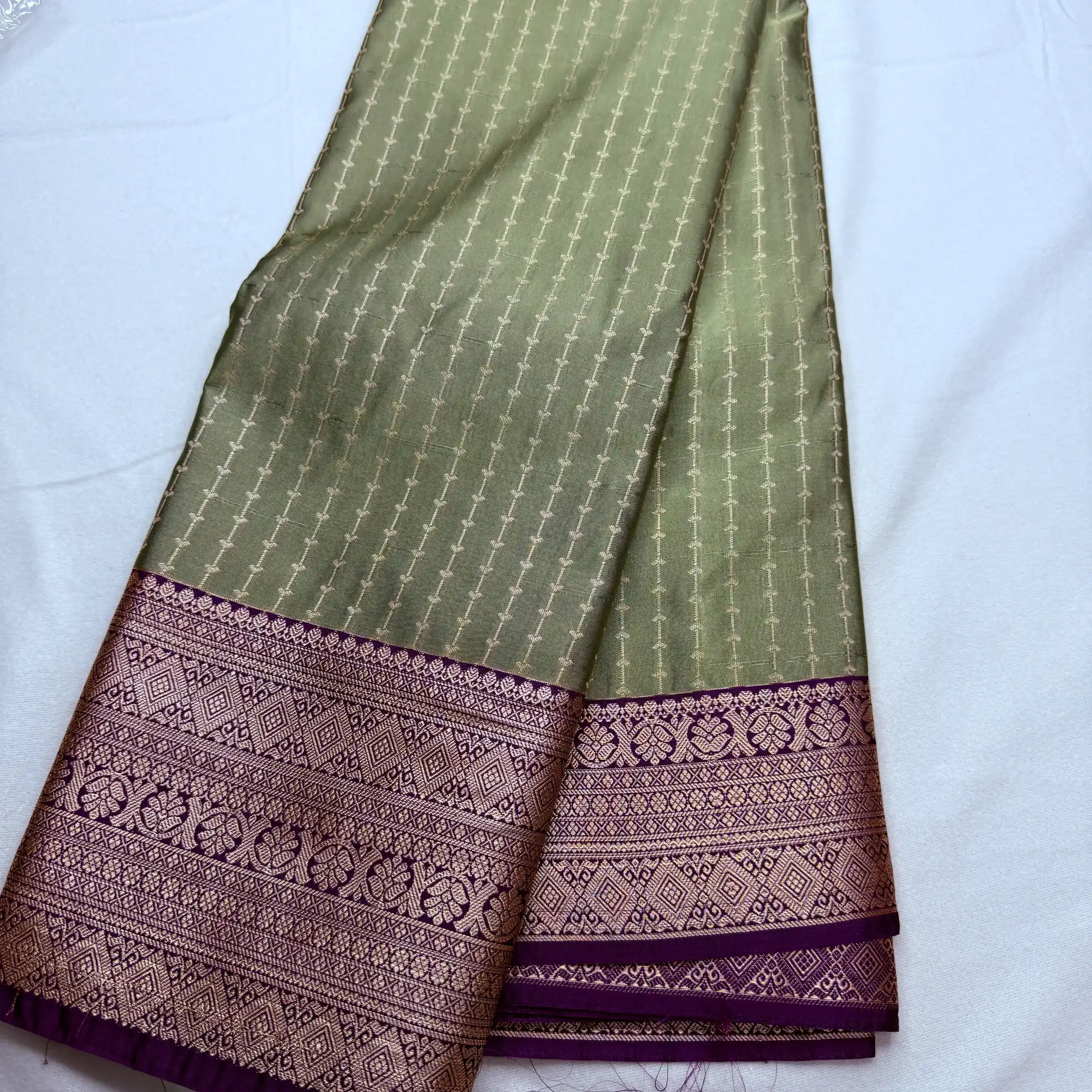 Muted Green & Purple – Soft Silk Saree with Geometric Border -SKU: H1-003