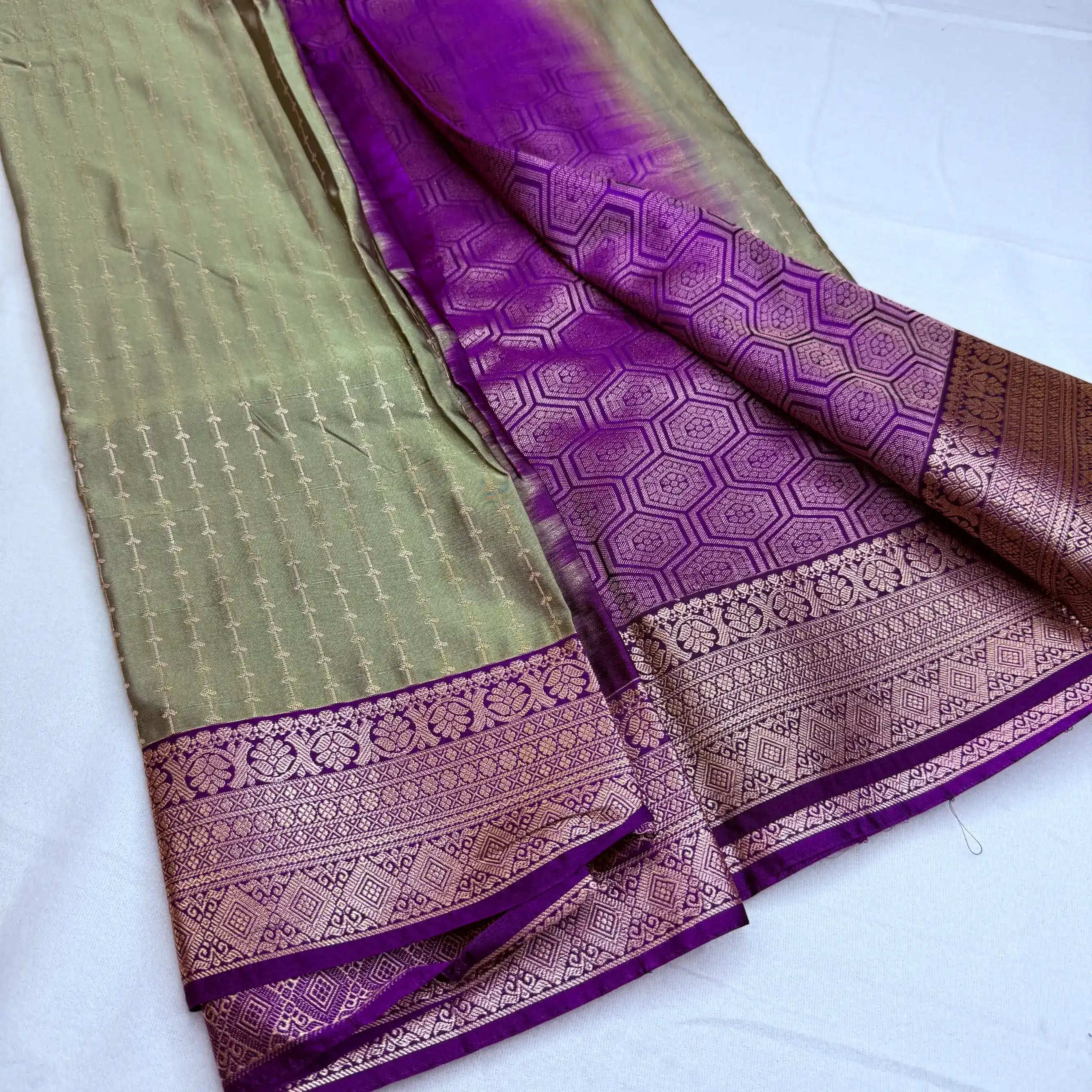 Muted Green & Purple – Soft Silk Saree with Geometric Border -SKU: H1-003